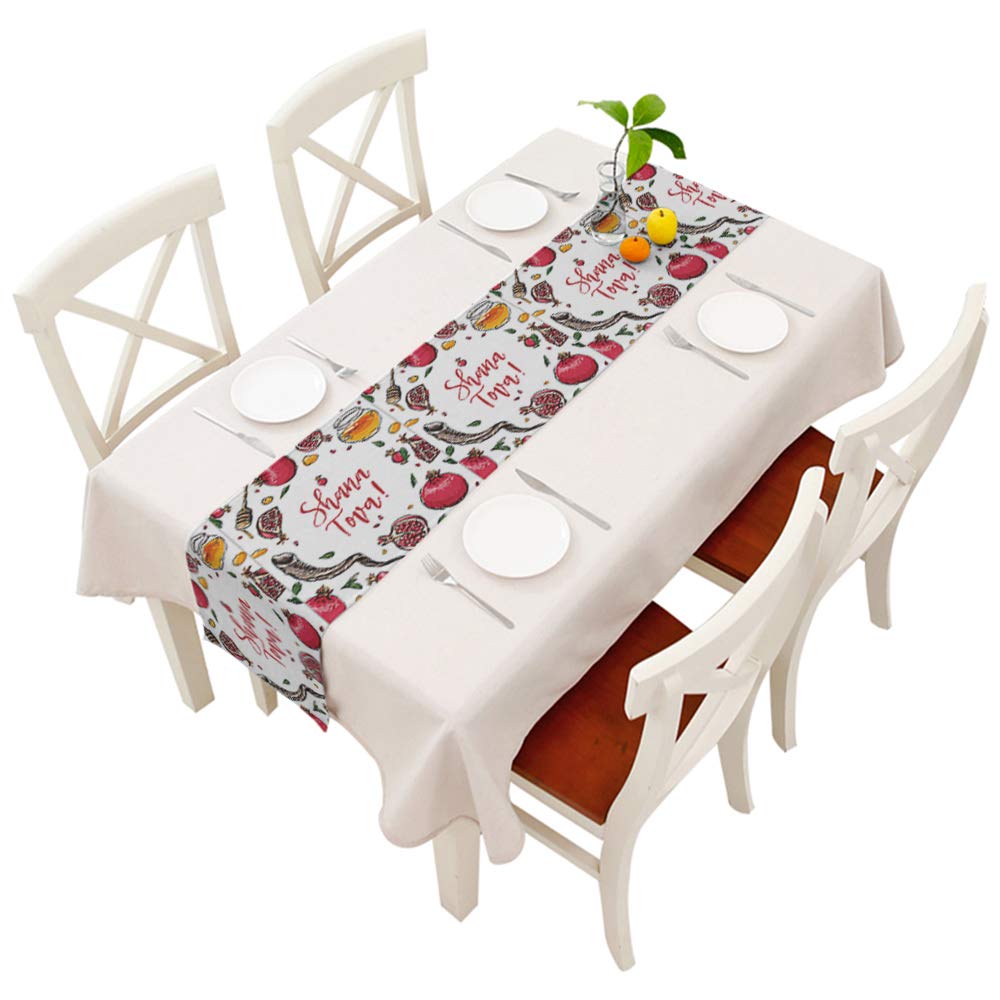 Moslion Pomegranate Table Runner Rosh Hashanah Shana Tova Word Honey Shofar Horn Leaf Hand Drawn Decoration Table Runner for Kitchen Dining Wedding Banquet Party Cotton Linen 14x72 Inch