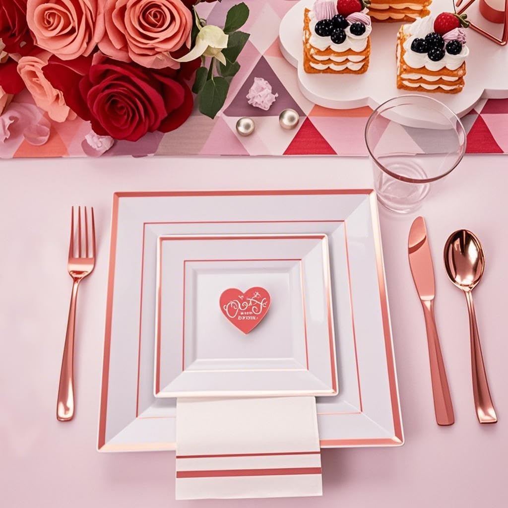 Festiva 350Pcs Rose Gold Plates and Napkins Party Supplies-Square White and Rose Gold Disposable Dinnerware include Plates Cups Cutlery Napkins for 50 Guests Wedding &Party&Mother's Day