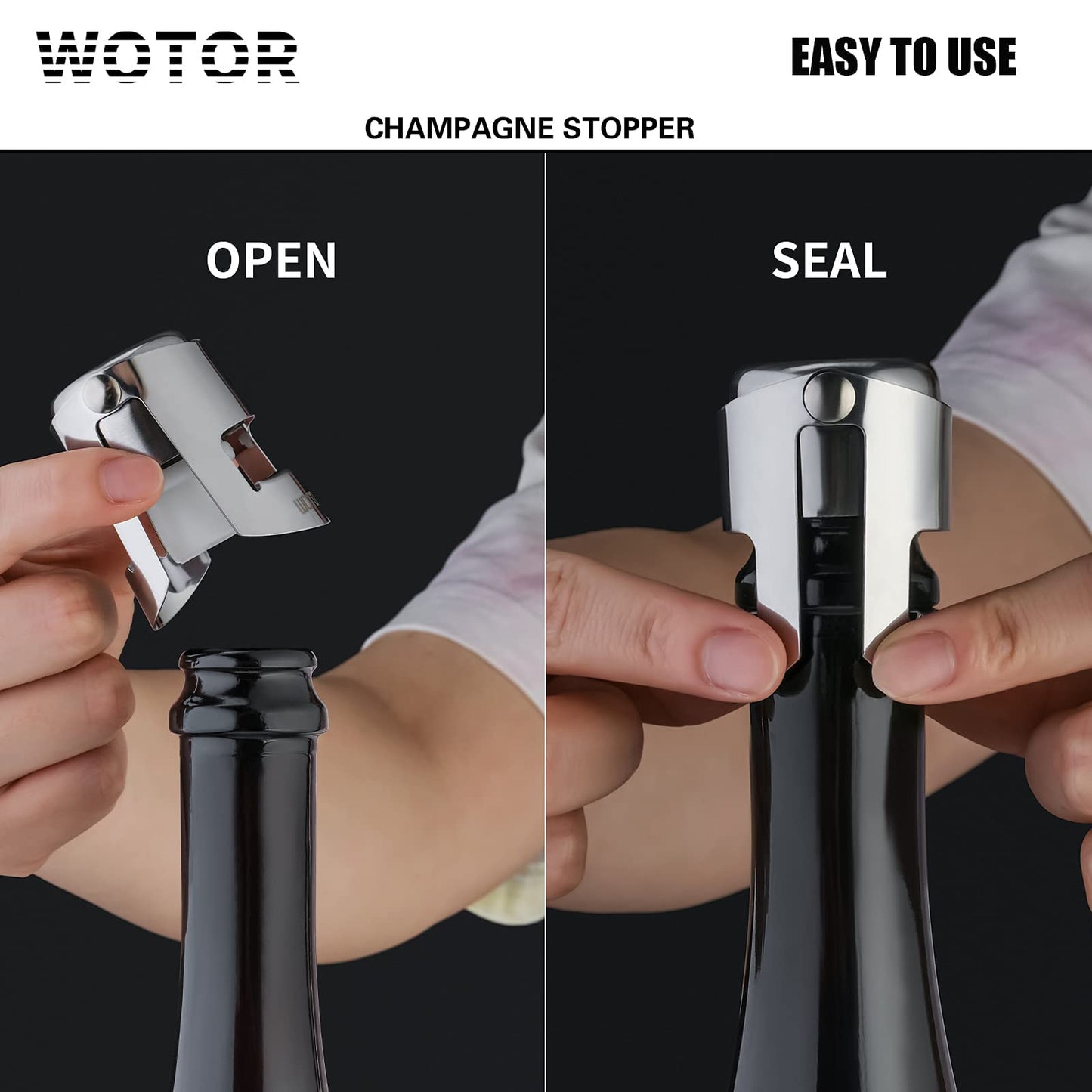 WOTOR Champagne Stoppers Stainless Steel, Prosecco Bottle Stopper with Food Grade Silicone, Reusable Champagne Cork & Saver, Leak proof Keep Fresh (Silver, 2 Pack)