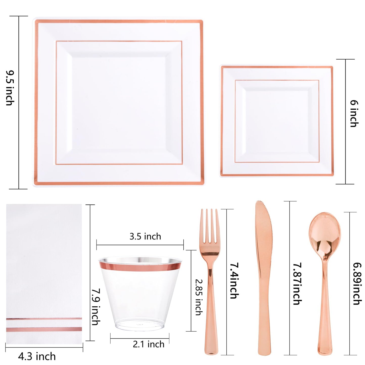 Festiva 350Pcs Rose Gold Plates and Napkins Party Supplies-Square White and Rose Gold Disposable Dinnerware include Plates Cups Cutlery Napkins for 50 Guests Wedding &Party&Mother's Day