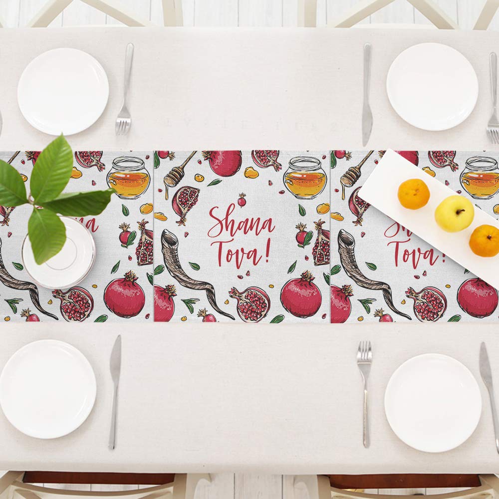 Moslion Pomegranate Table Runner Rosh Hashanah Shana Tova Word Honey Shofar Horn Leaf Hand Drawn Decoration Table Runner for Kitchen Dining Wedding Banquet Party Cotton Linen 14x72 Inch