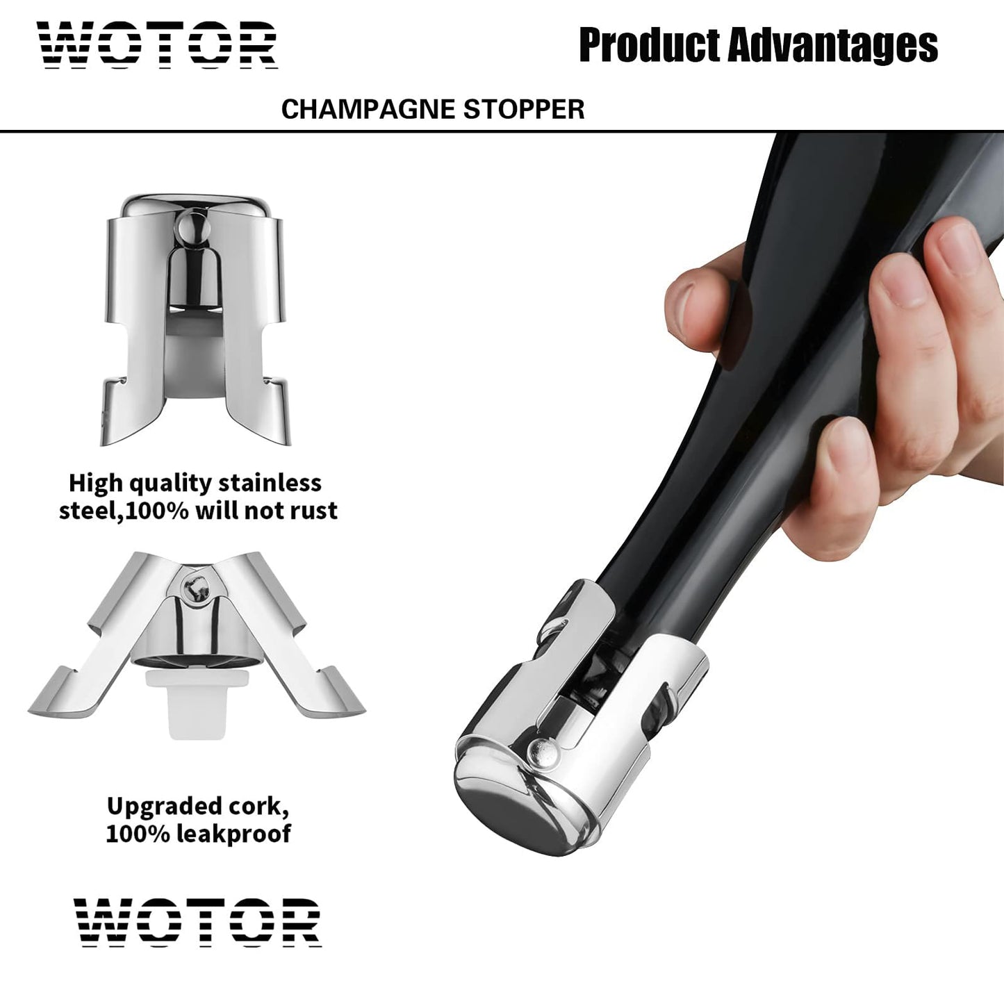 WOTOR Champagne Stoppers Stainless Steel, Prosecco Bottle Stopper with Food Grade Silicone, Reusable Champagne Cork & Saver, Leak proof Keep Fresh (Silver, 2 Pack)