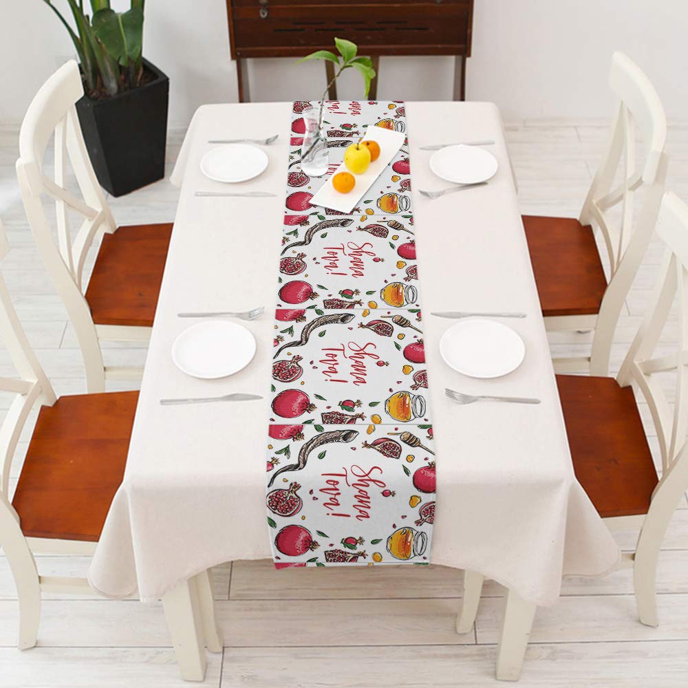 Moslion Pomegranate Table Runner Rosh Hashanah Shana Tova Word Honey Shofar Horn Leaf Hand Drawn Decoration Table Runner for Kitchen Dining Wedding Banquet Party Cotton Linen 14x72 Inch