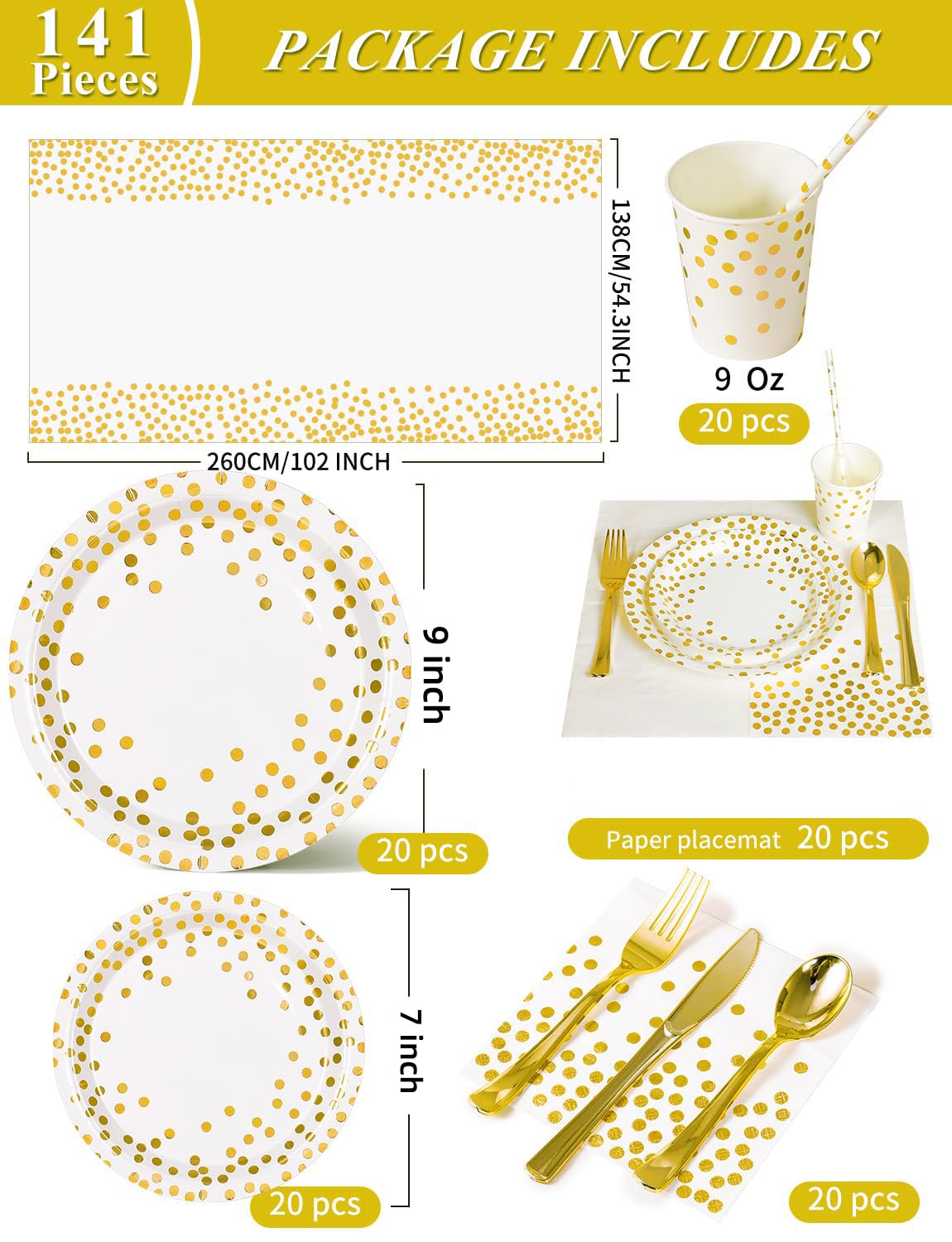Nkaiso 141 Pieces White Gold Party Supplies, Party Dinnerware Sets Include Paper Plates Napkins Cups Silverware, for Wedding Bridal Shower Engagement Birthday Parties Decoration -20 Serves