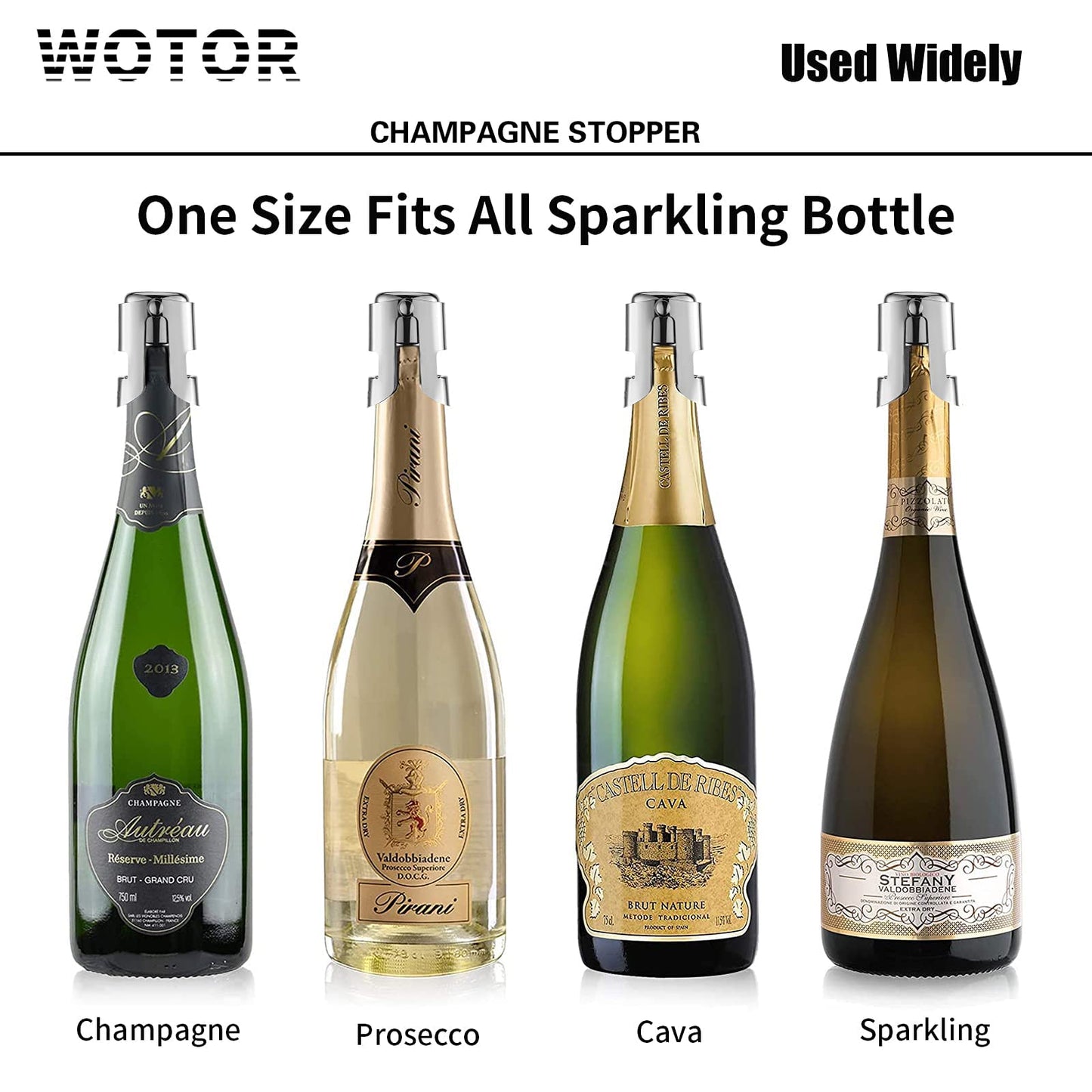 WOTOR Champagne Stoppers Stainless Steel, Prosecco Bottle Stopper with Food Grade Silicone, Reusable Champagne Cork & Saver, Leak proof Keep Fresh (Silver, 2 Pack)
