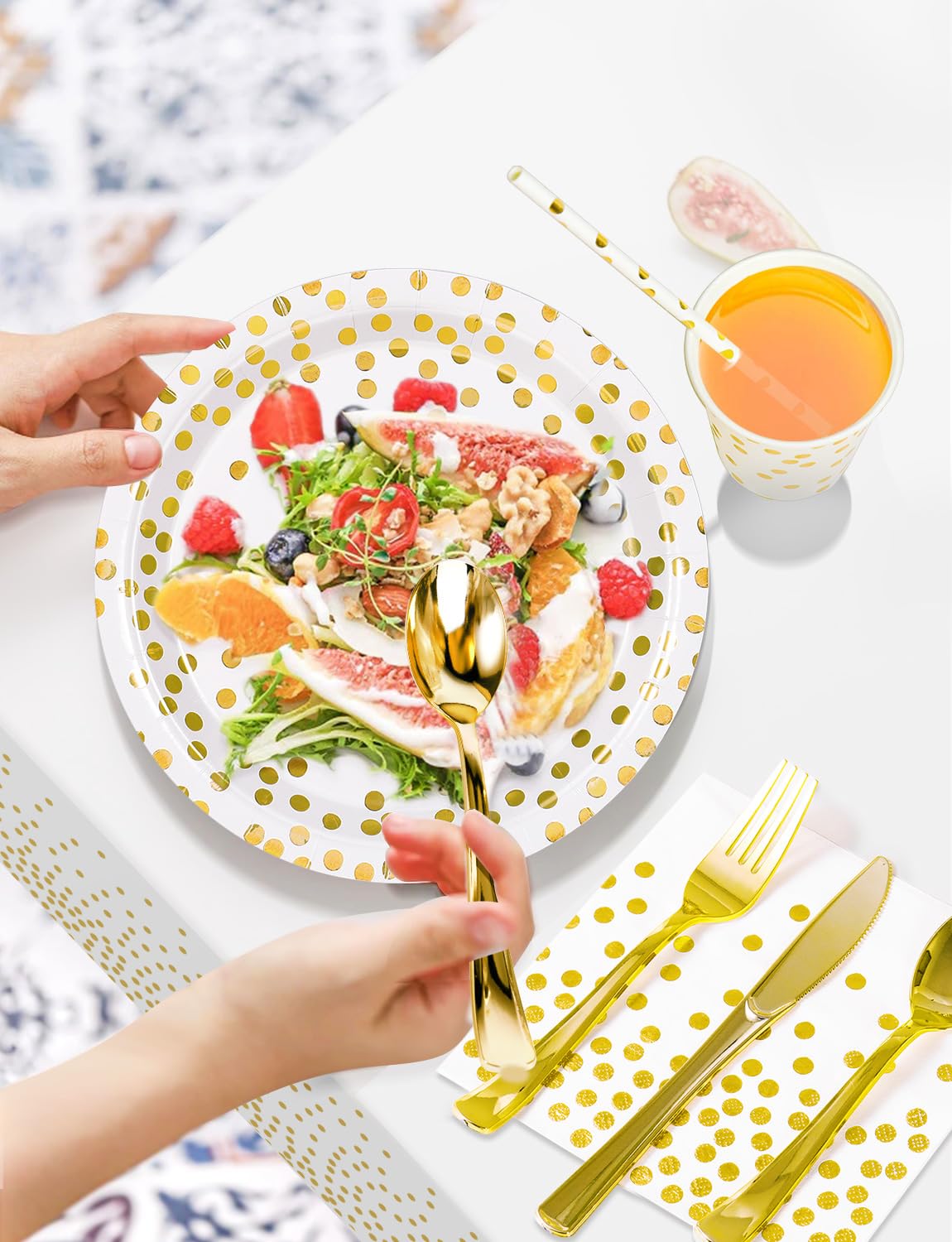 Nkaiso 141 Pieces White Gold Party Supplies, Party Dinnerware Sets Include Paper Plates Napkins Cups Silverware, for Wedding Bridal Shower Engagement Birthday Parties Decoration -20 Serves