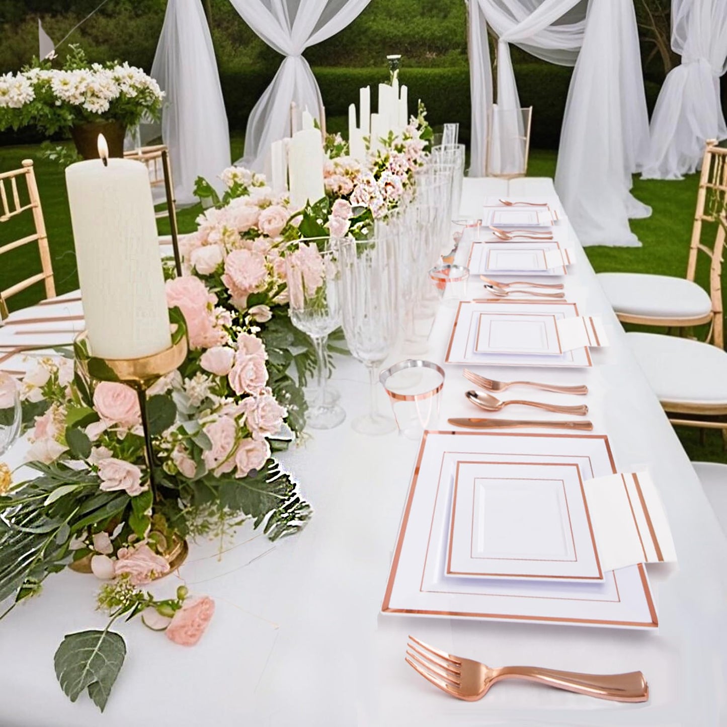 Festiva 350Pcs Rose Gold Plates and Napkins Party Supplies-Square White and Rose Gold Disposable Dinnerware include Plates Cups Cutlery Napkins for 50 Guests Wedding &Party&Mother's Day