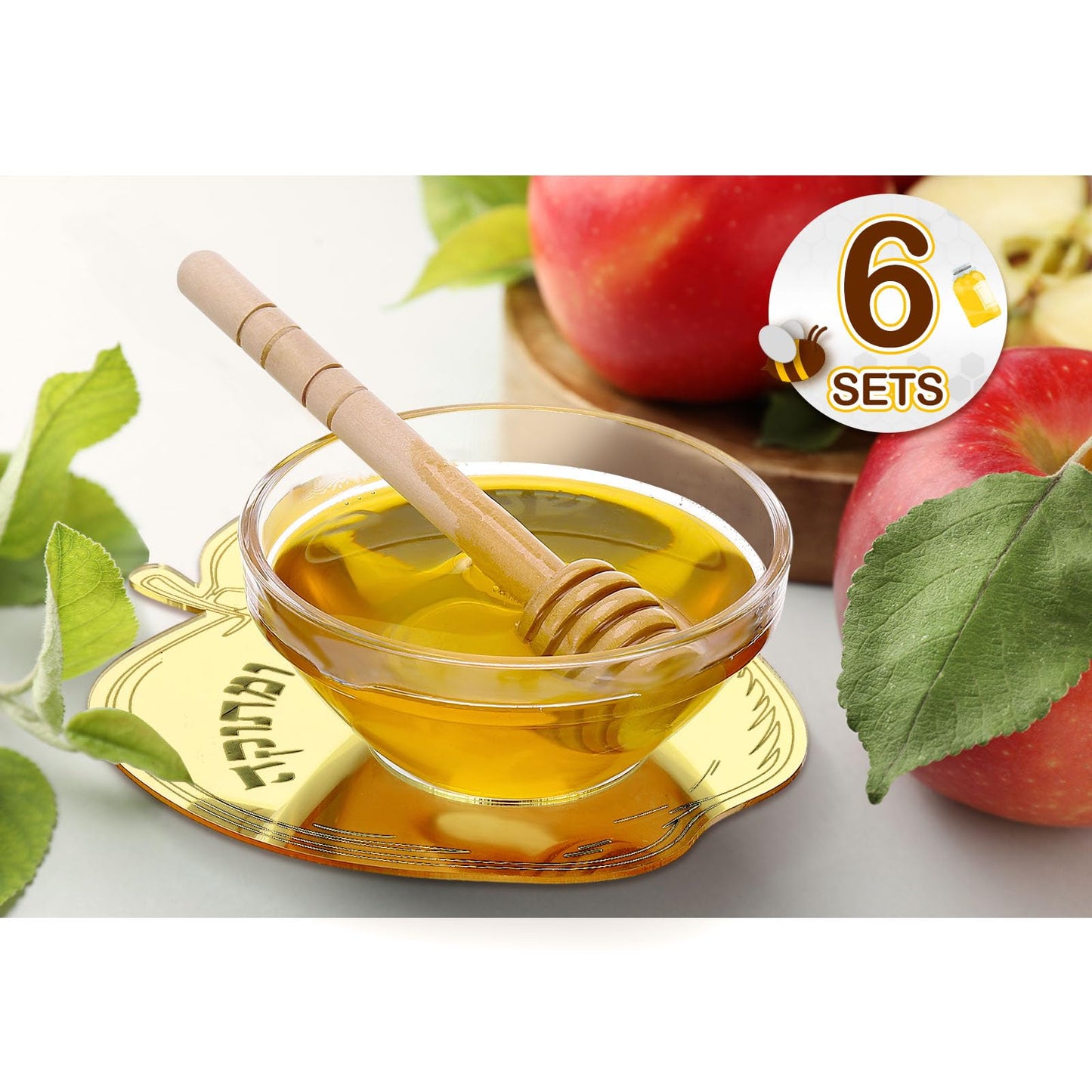 Newtay 6 Sets Rosh Hashanah Apple Shaped Honey Dish with Dipping Spoon Jewish New Year Decoration Honey Dish with Stick, Acrylic Apple Honey Dish for Jewish New Year Holiday Gift Party Favor(Gold)