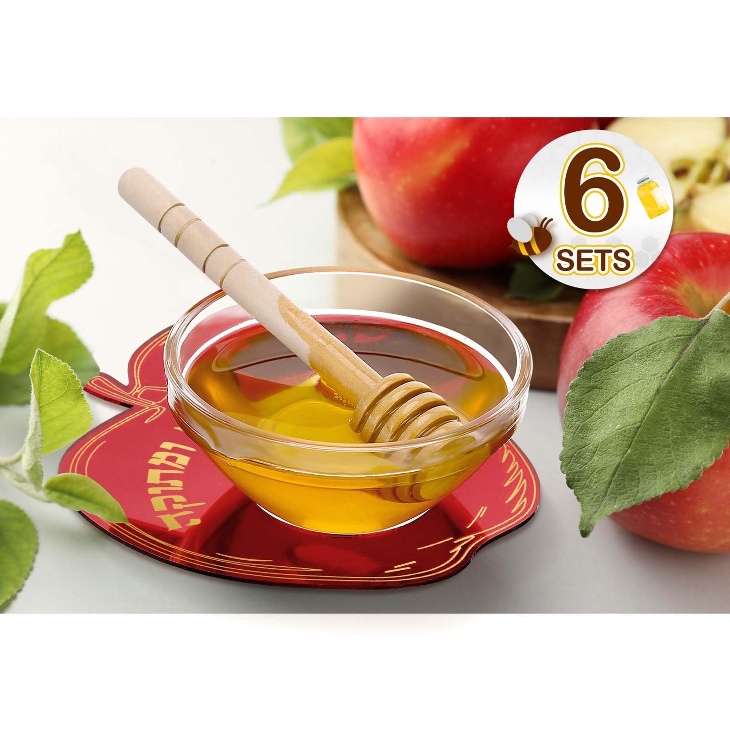 Newtay 6 Sets Rosh Hashanah Apple Shaped Honey Dish with Dipping Spoon Jewish New Year Decoration Honey Dish with Stick, Acrylic Apple Honey Dish for Jewish New Year Holiday Gift Party Favor(Red)