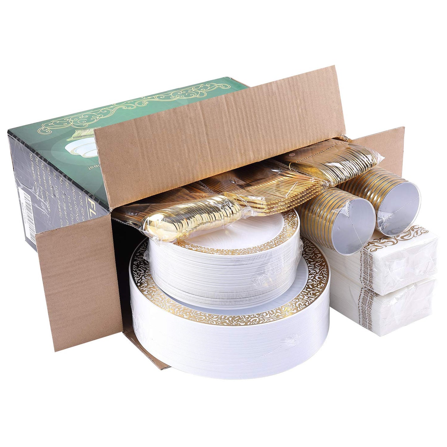 FOCUSLINE 350 Ct Gold Dinnerware Set for 50 Guests, Gold Lace Plastic Plates Disposable Heavy Duty, Including 50 Dinner & Dessert Plates, Cups, Napkins, Cutlery Set