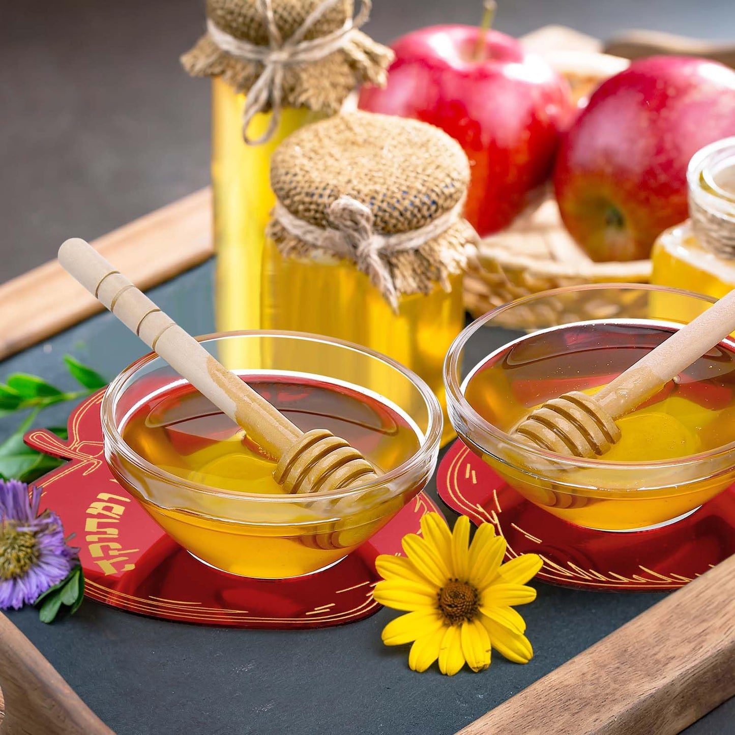 Newtay 6 Sets Rosh Hashanah Apple Shaped Honey Dish with Dipping Spoon Jewish New Year Decoration Honey Dish with Stick, Acrylic Apple Honey Dish for Jewish New Year Holiday Gift Party Favor(Red)