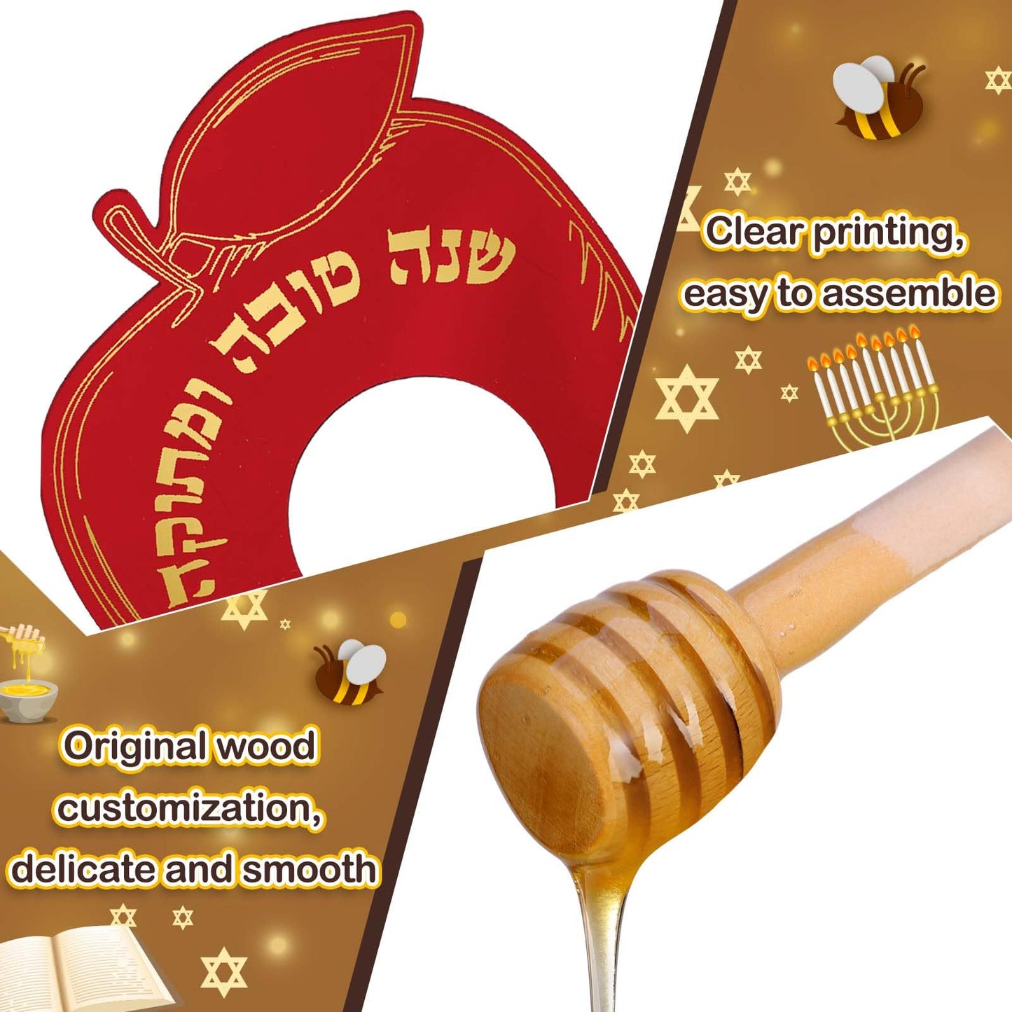Newtay 6 Sets Rosh Hashanah Apple Shaped Honey Dish with Dipping Spoon Jewish New Year Decoration Honey Dish with Stick, Acrylic Apple Honey Dish for Jewish New Year Holiday Gift Party Favor(Red)