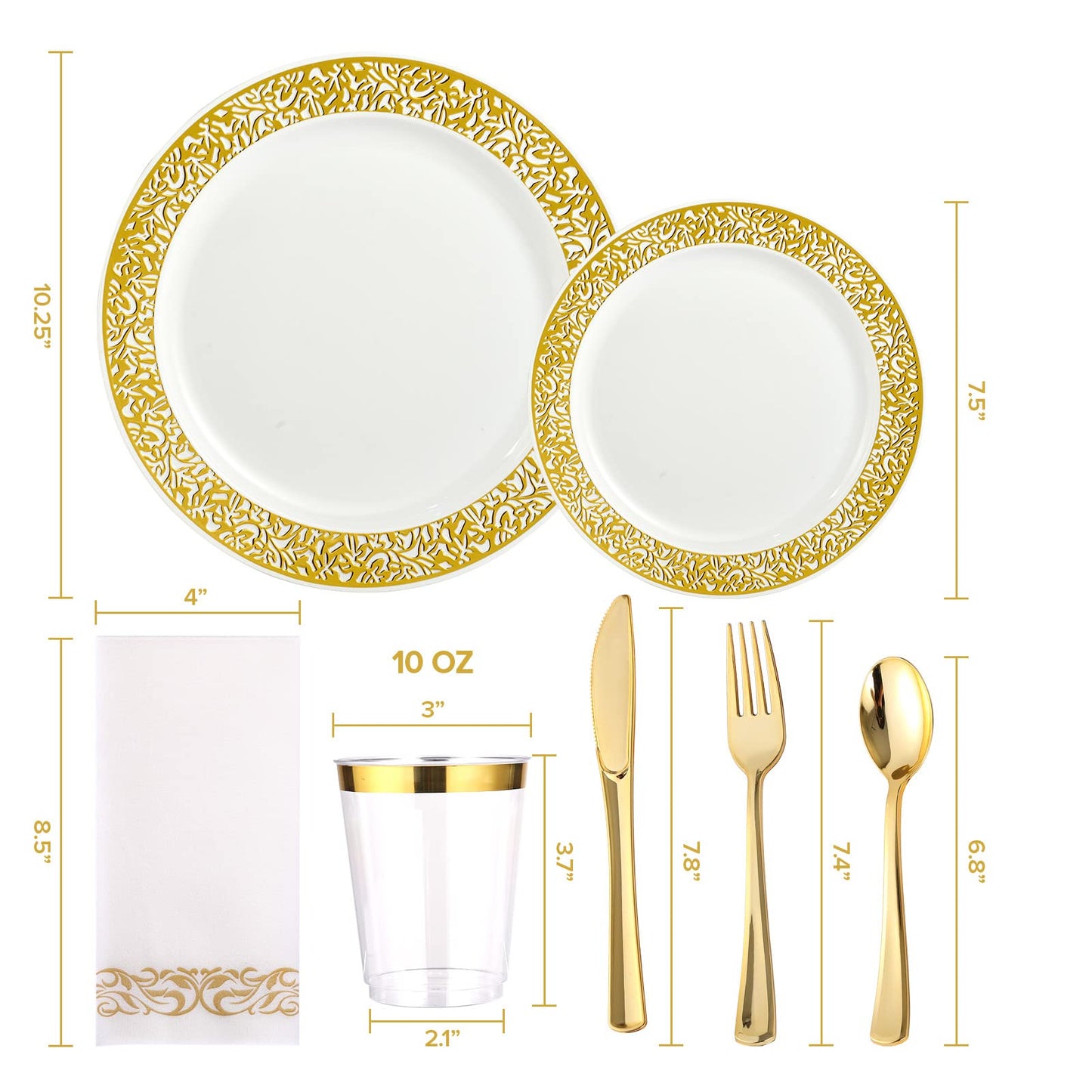 FOCUSLINE 350 Ct Gold Dinnerware Set for 50 Guests, Gold Lace Plastic Plates Disposable Heavy Duty, Including 50 Dinner & Dessert Plates, Cups, Napkins, Cutlery Set