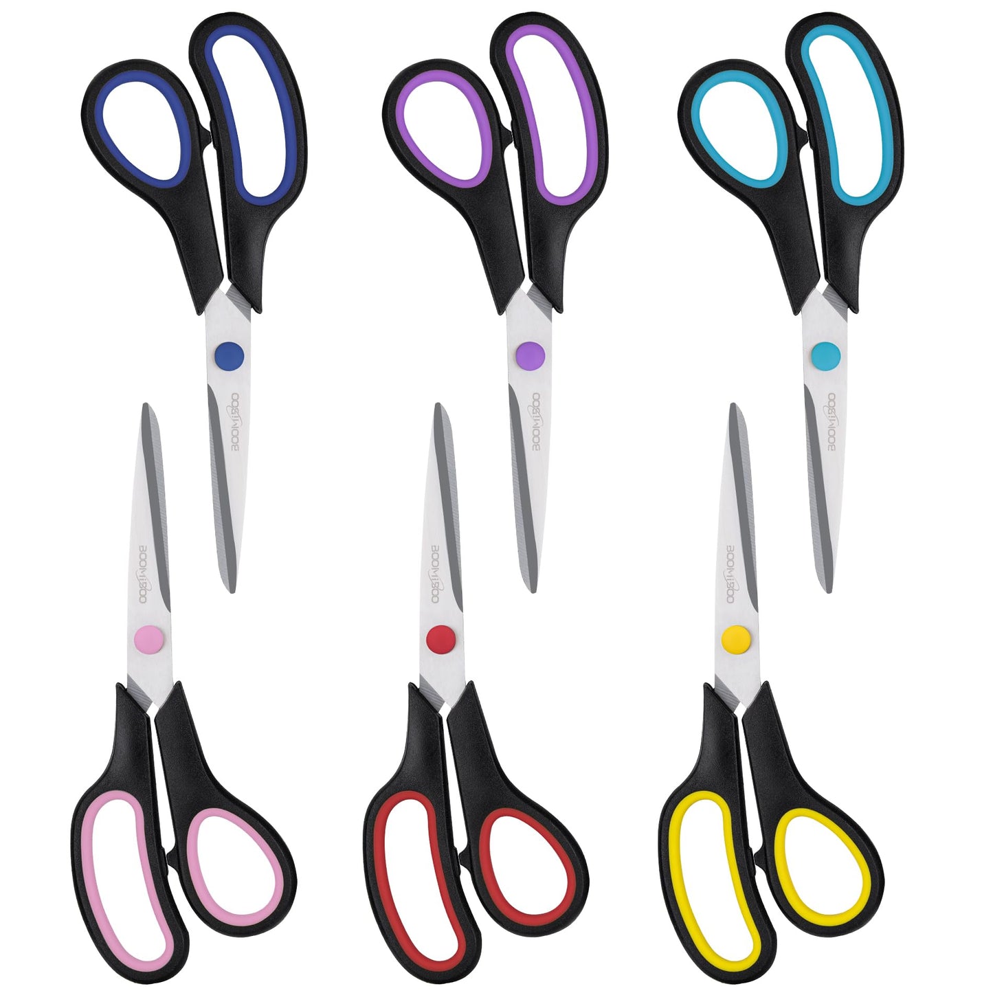 Scissors, BOOMIBOO 8" All Purpose 6 Pack - Comfort-Grip Scissors for Office Desk Accessories Sewing Fabric Home Craft School Supplies, Teacher/Class Supplies, Right/Left Handles