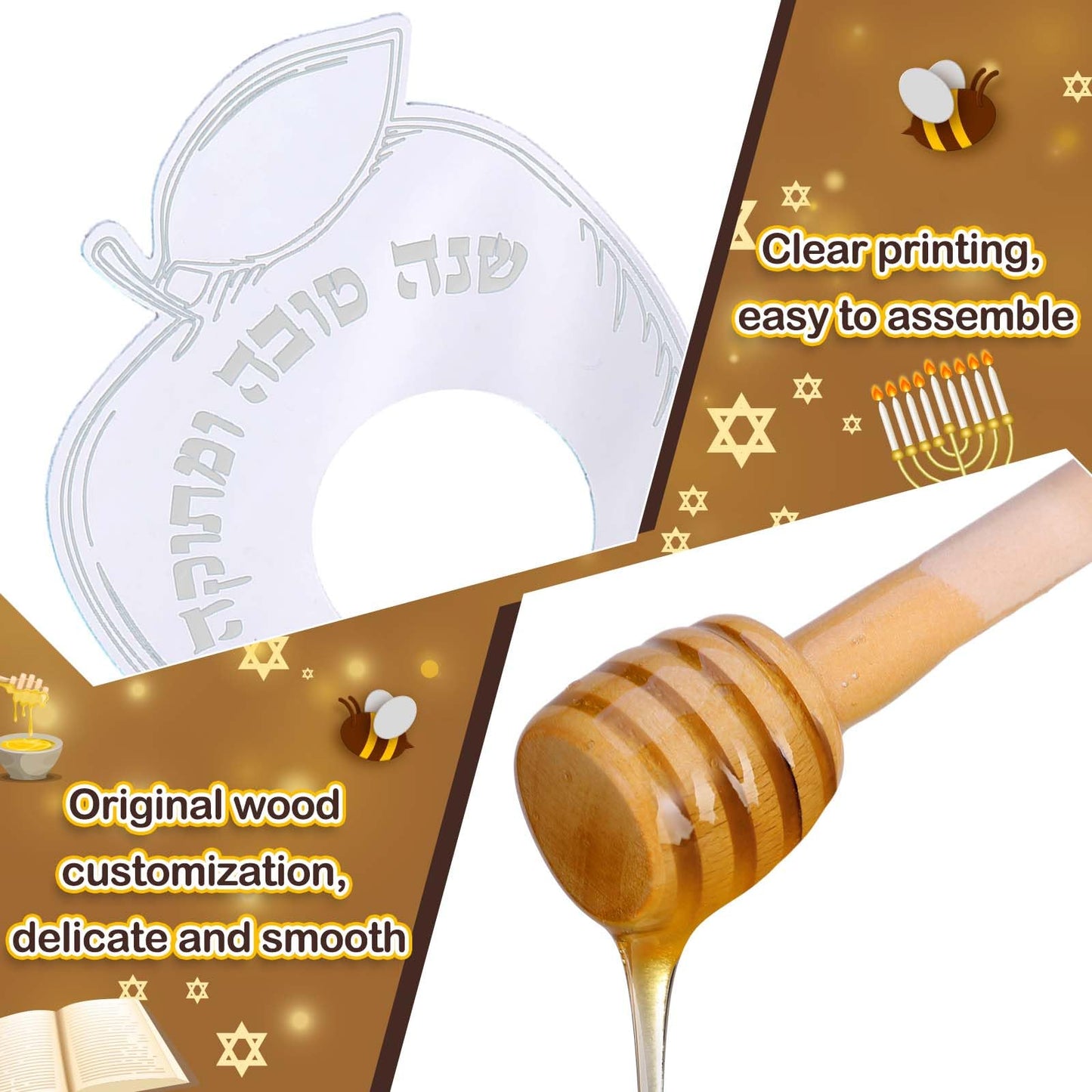 Newtay 6 Sets Rosh Hashanah Apple Shaped Honey Dish with Dipping Spoon Jewish New Year Decoration Honey Dish with Stick, Acrylic Apple Honey Dish for Jewish New Year Holiday Gift Party Favor(Silver)