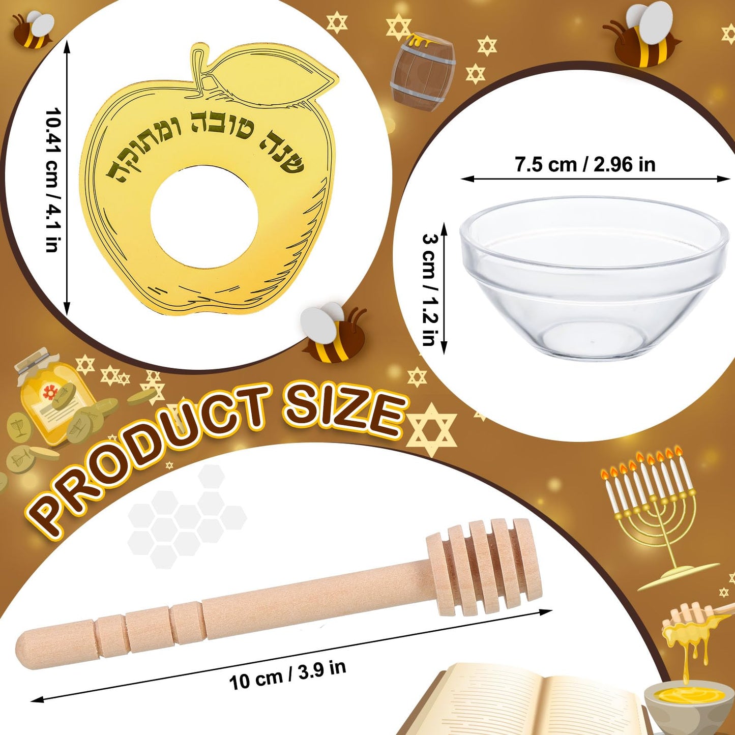 Newtay 6 Sets Rosh Hashanah Apple Shaped Honey Dish with Dipping Spoon Jewish New Year Decoration Honey Dish with Stick, Acrylic Apple Honey Dish for Jewish New Year Holiday Gift Party Favor(Gold)