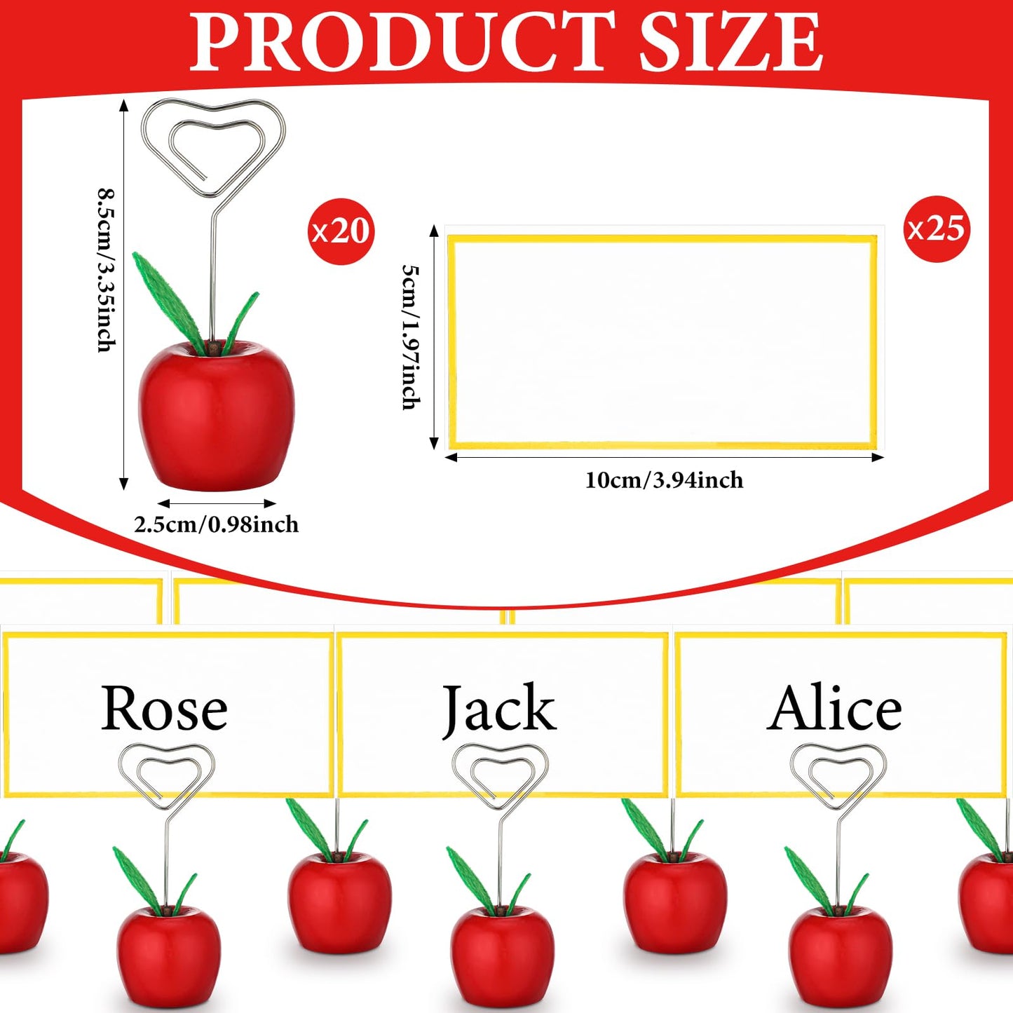 Beeveer 20 Set Rosh Hashanah Place Card Holder with 25 Pcs Name Cards Mini Red Apple Table Number Stand with Heart Shape Holder Clip for Rosh Hashanah Party Decorations Back to School Table Decor