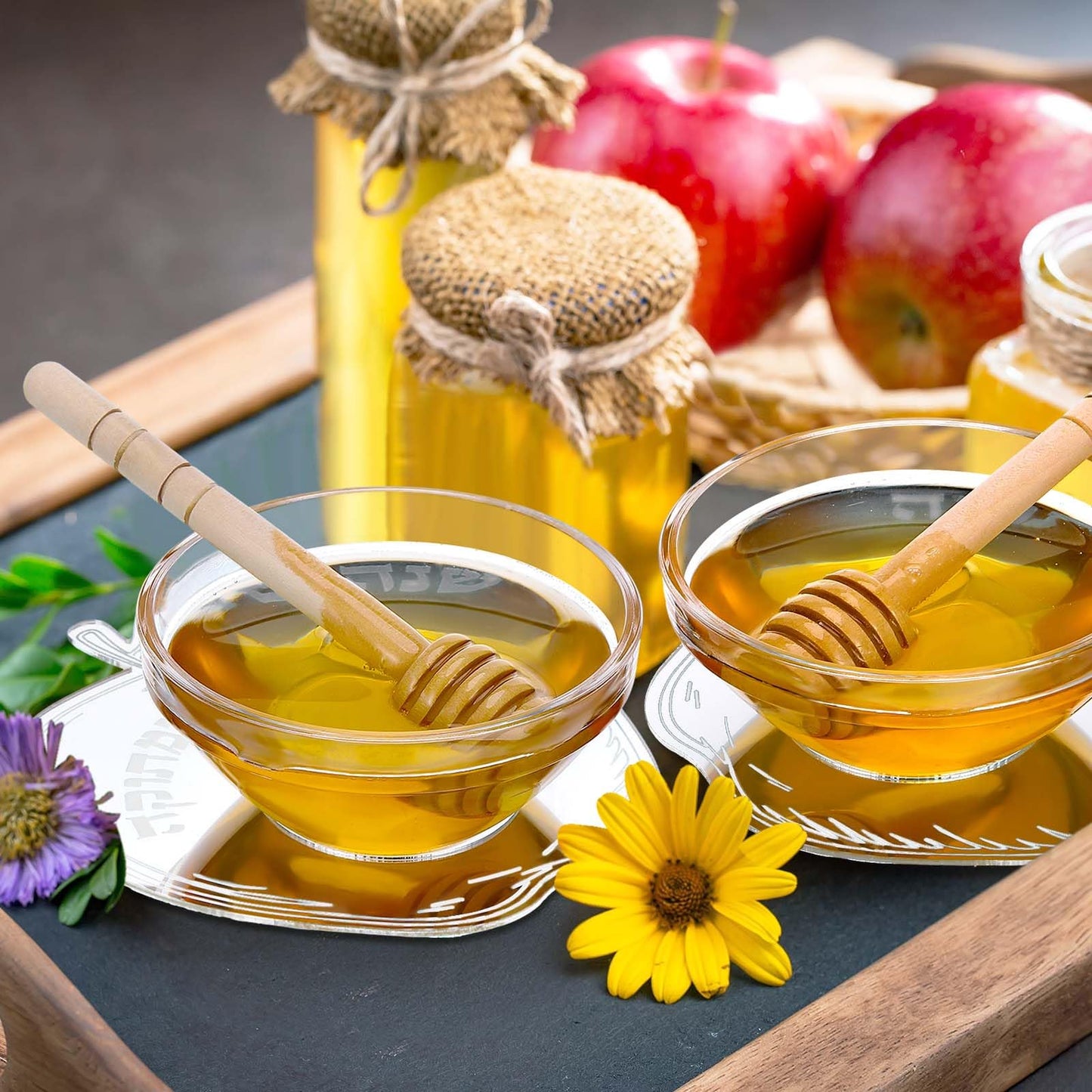 Newtay 6 Sets Rosh Hashanah Apple Shaped Honey Dish with Dipping Spoon Jewish New Year Decoration Honey Dish with Stick, Acrylic Apple Honey Dish for Jewish New Year Holiday Gift Party Favor(Silver)