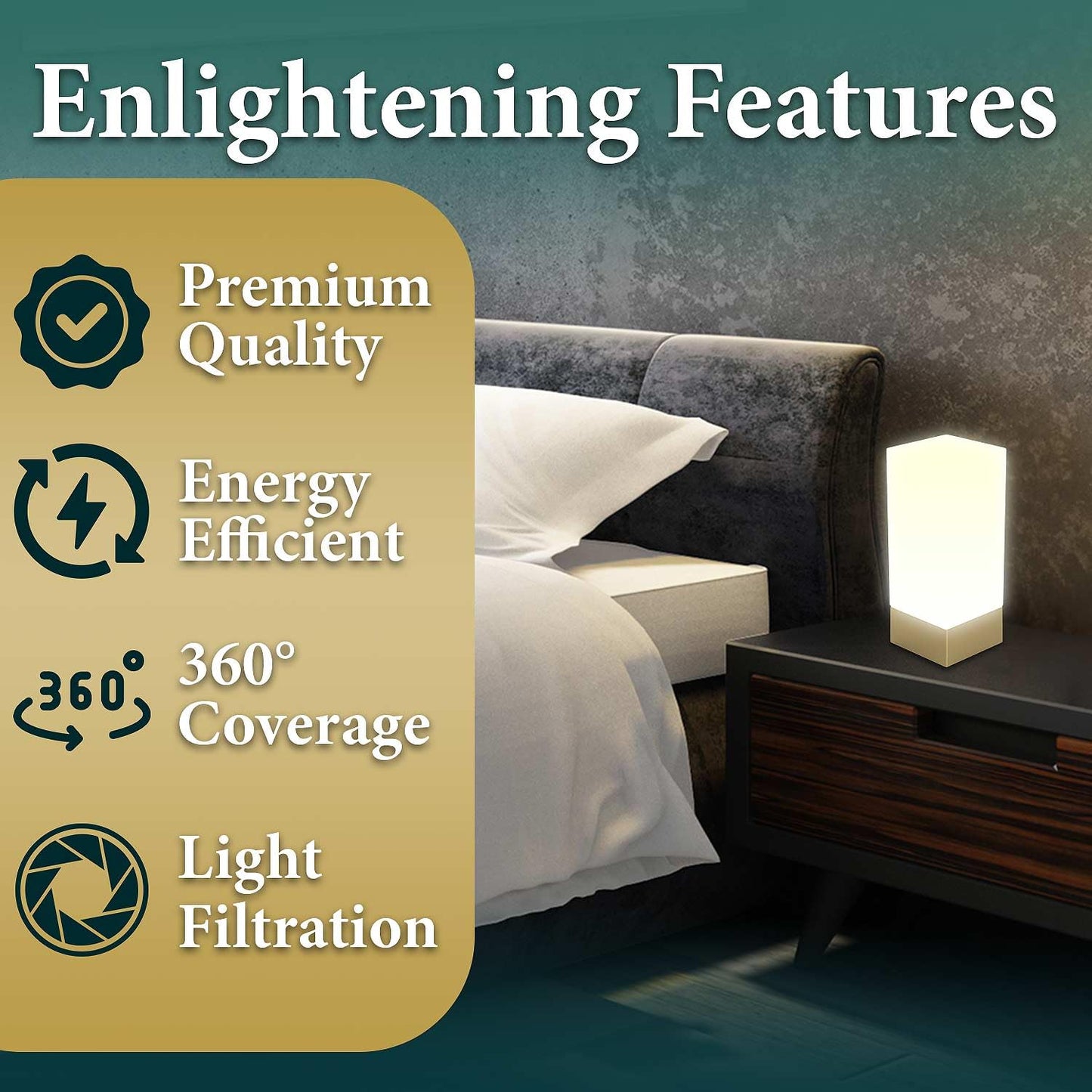 Enlighten Shabbos Lamp, Kosher lamp for Shabbat & Yom Tov, for Bedroom Living Room, LED Dimmable Square Table lamp, Gold Base Color, (10W Eqv 75W, 1100LM, 5000K,)