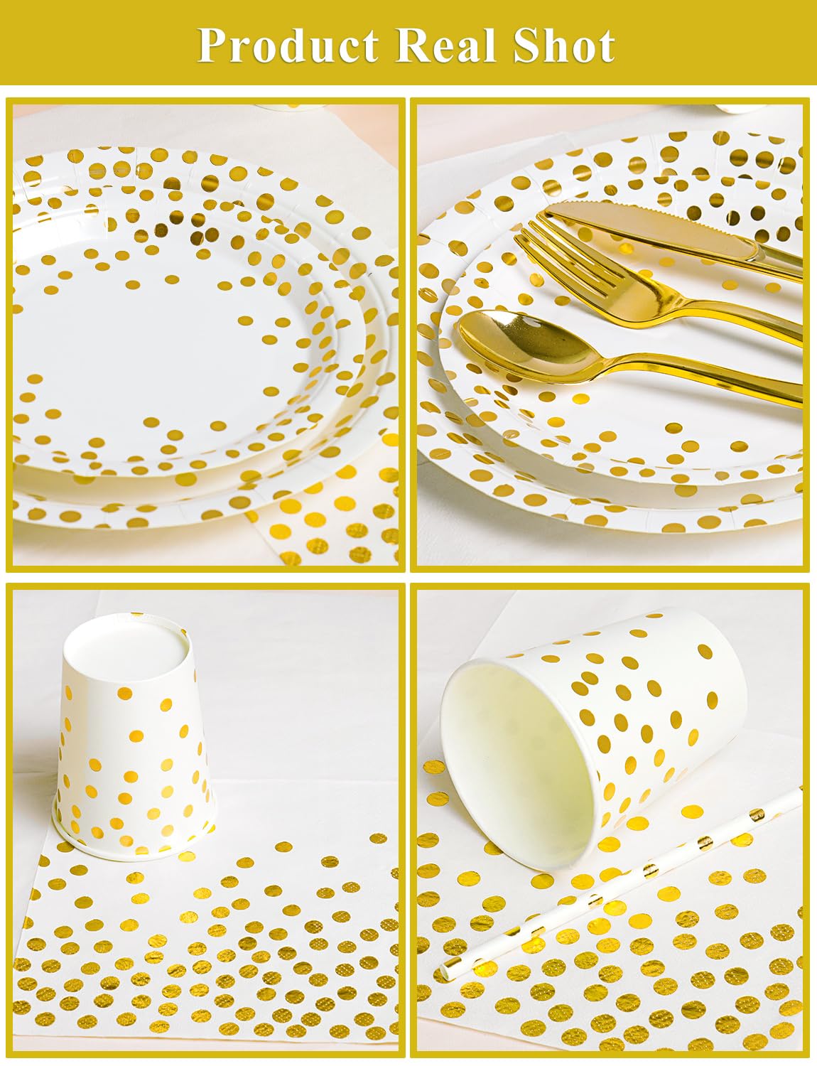 Nkaiso 141 Pieces White Gold Party Supplies, Party Dinnerware Sets Include Paper Plates Napkins Cups Silverware, for Wedding Bridal Shower Engagement Birthday Parties Decoration -20 Serves