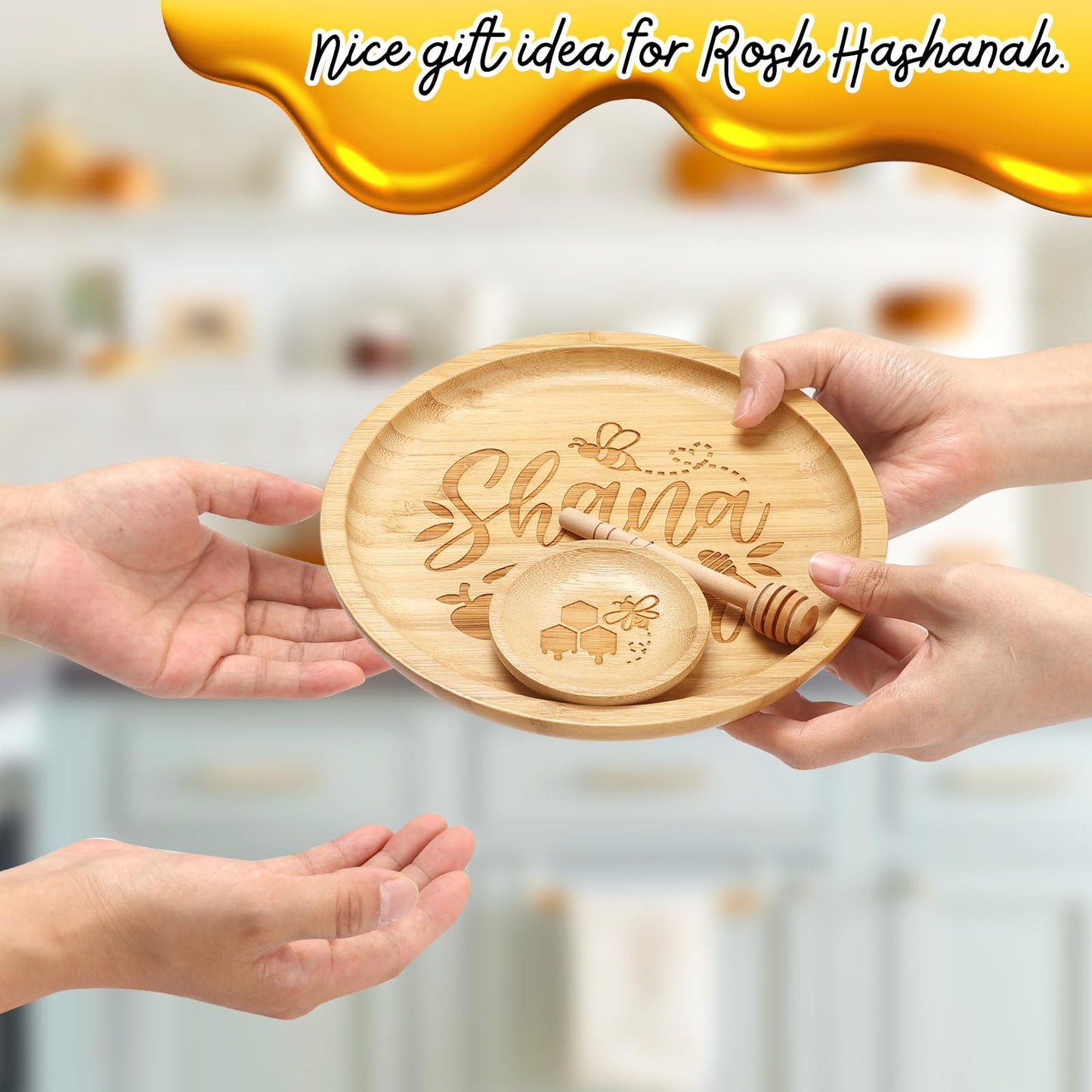 Huray Rayho Rosh Hashanah Apple Plate Set Shana Tova Apple and Honey Dish with Dipper Rosh New Year Hostess Gift Idea Shana Tova Bamboo Wood Server Tray Holiday Party Table Decorations