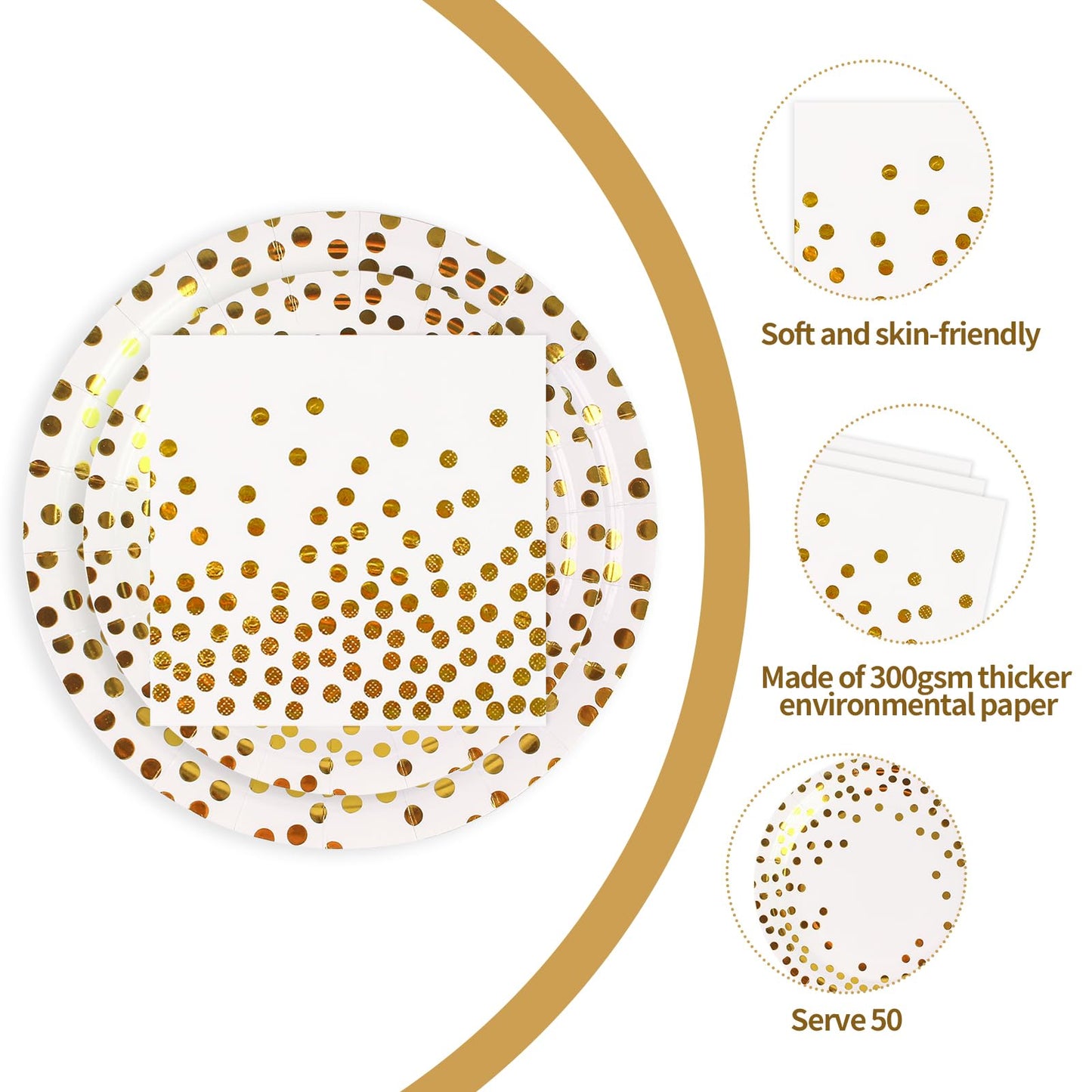 PUEVENYI 150PCS White Plates and Napkins Party Supplies, Paper Plates Disposable Serve 50 Guests, White and Gold Party Decorations for Graduation Baby Showers Bridal Showers Birthday Wedding
