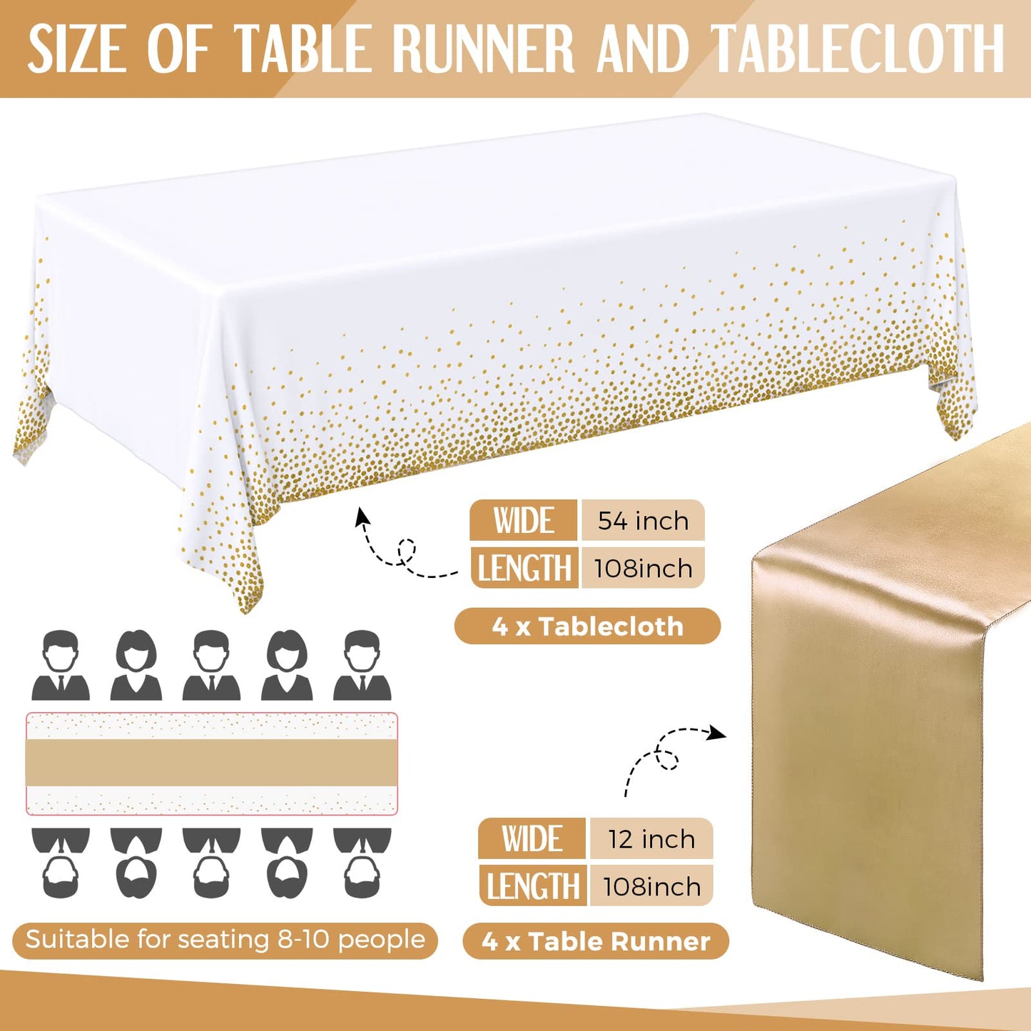 Breling 8 Pack White and Gold Disposable Plastic Tablecloths and Satin Table Runner Set, 54 x 108 Inch Tablecloth, 12 x 108 Inch Table Runners for Wedding First Communion Baby Shower Graduation