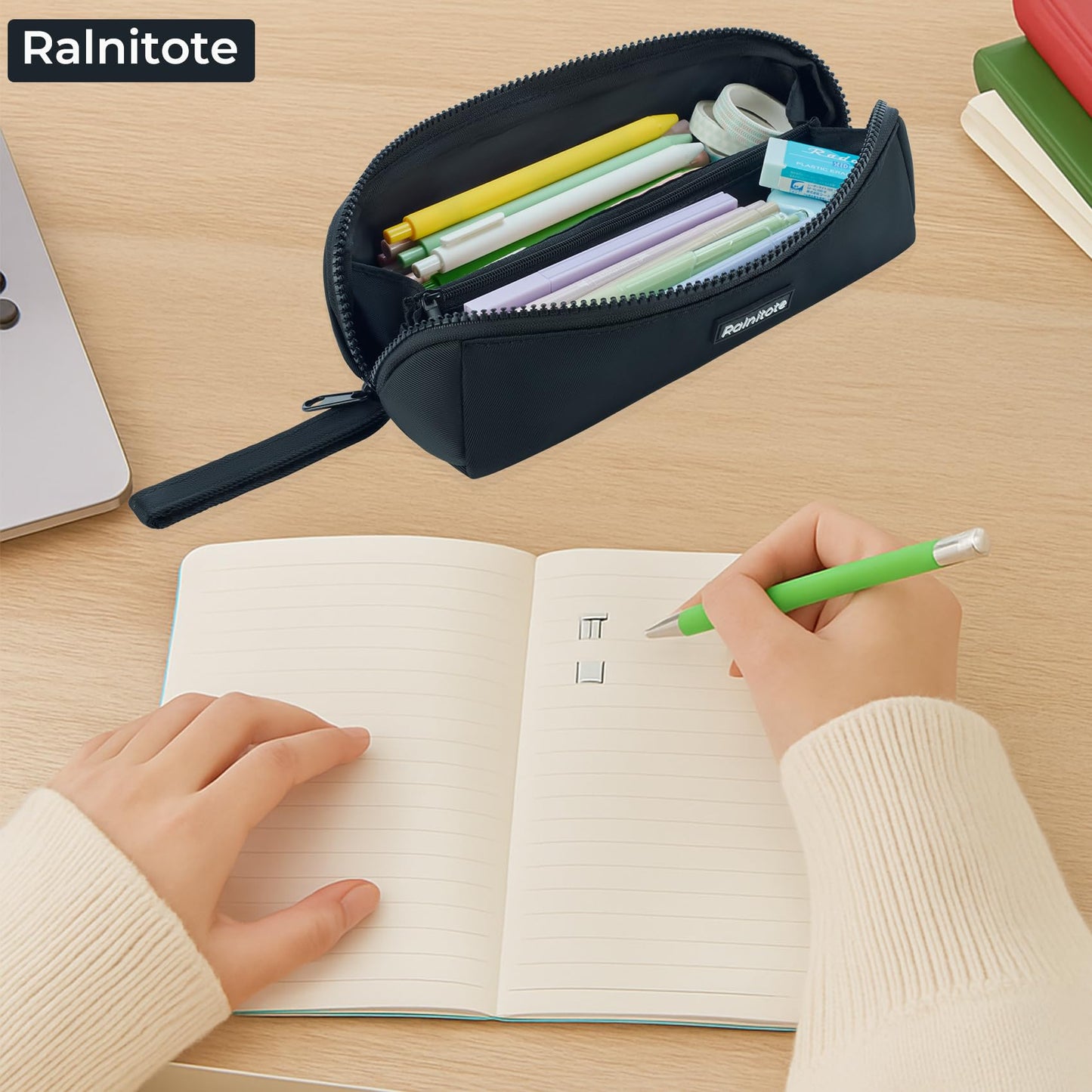 Ralnitote Small Pencil Pouch with 180° Open Design, Slim Pencil Case for Girls and Boys, Aesthetic & Cute Pen Bag for School, Office, Makeup or Tech Accessories-Black