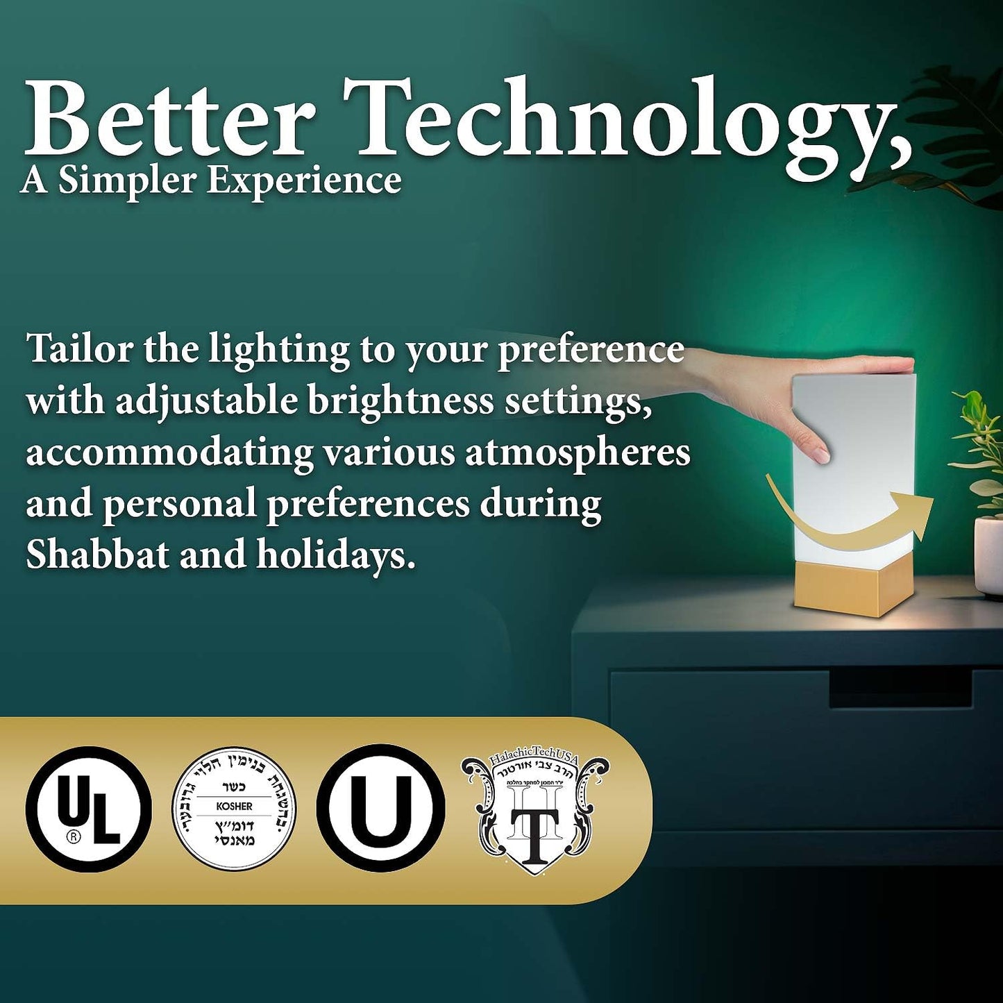 Enlighten Shabbos Lamp, Kosher lamp for Shabbat & Yom Tov, for Bedroom Living Room, LED Dimmable Square Table lamp, Gold Base Color, (10W Eqv 75W, 1100LM, 5000K,)