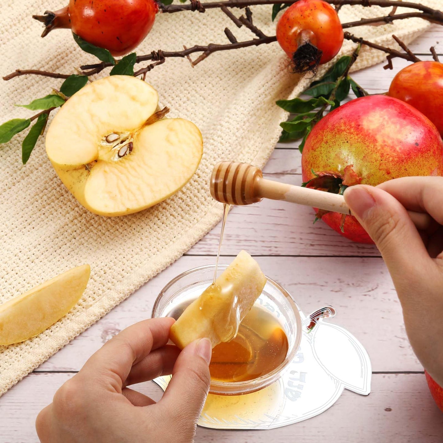 Newtay 6 Sets Rosh Hashanah Apple Shaped Honey Dish with Dipping Spoon Jewish New Year Decoration Honey Dish with Stick, Acrylic Apple Honey Dish for Jewish New Year Holiday Gift Party Favor(Silver)