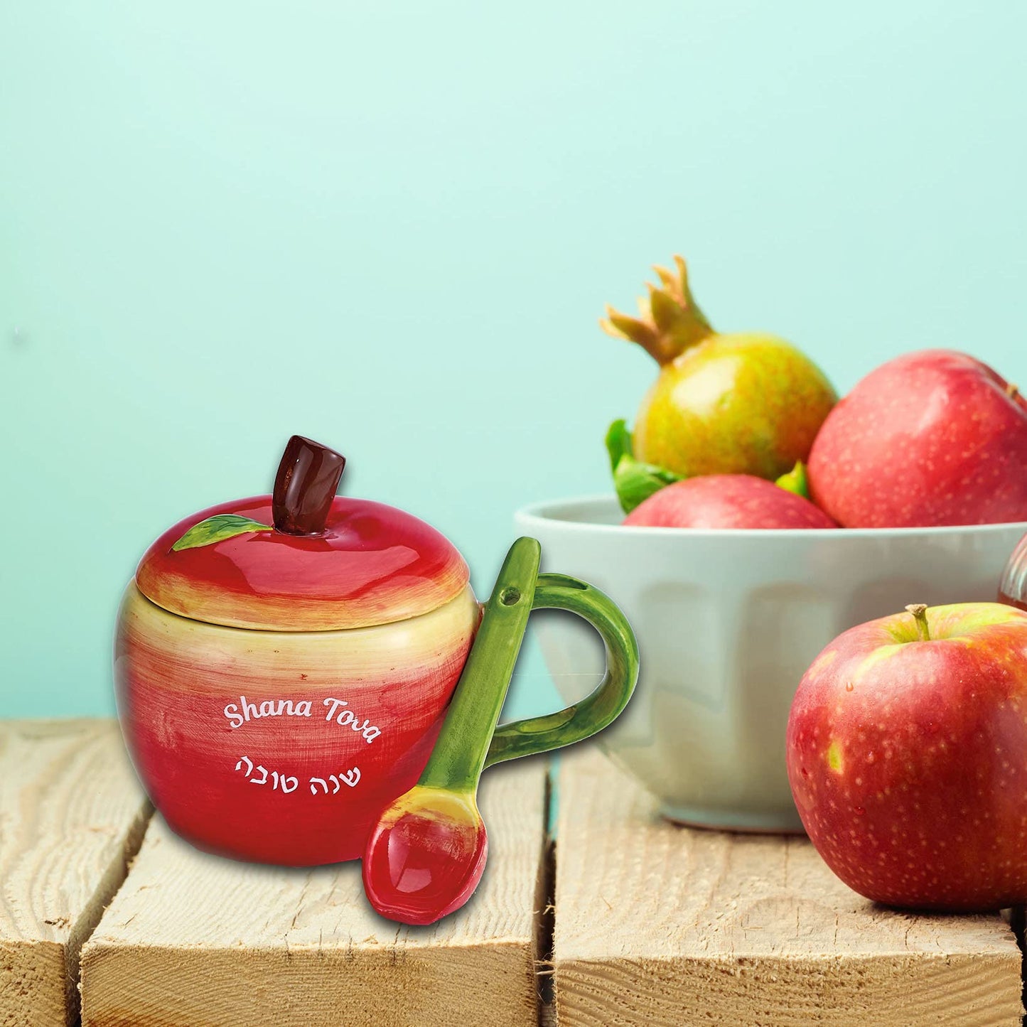 Rite Lite Rosh Hashanah Ceramic Apple Honey Dish With Spoon - For Jewish New Year