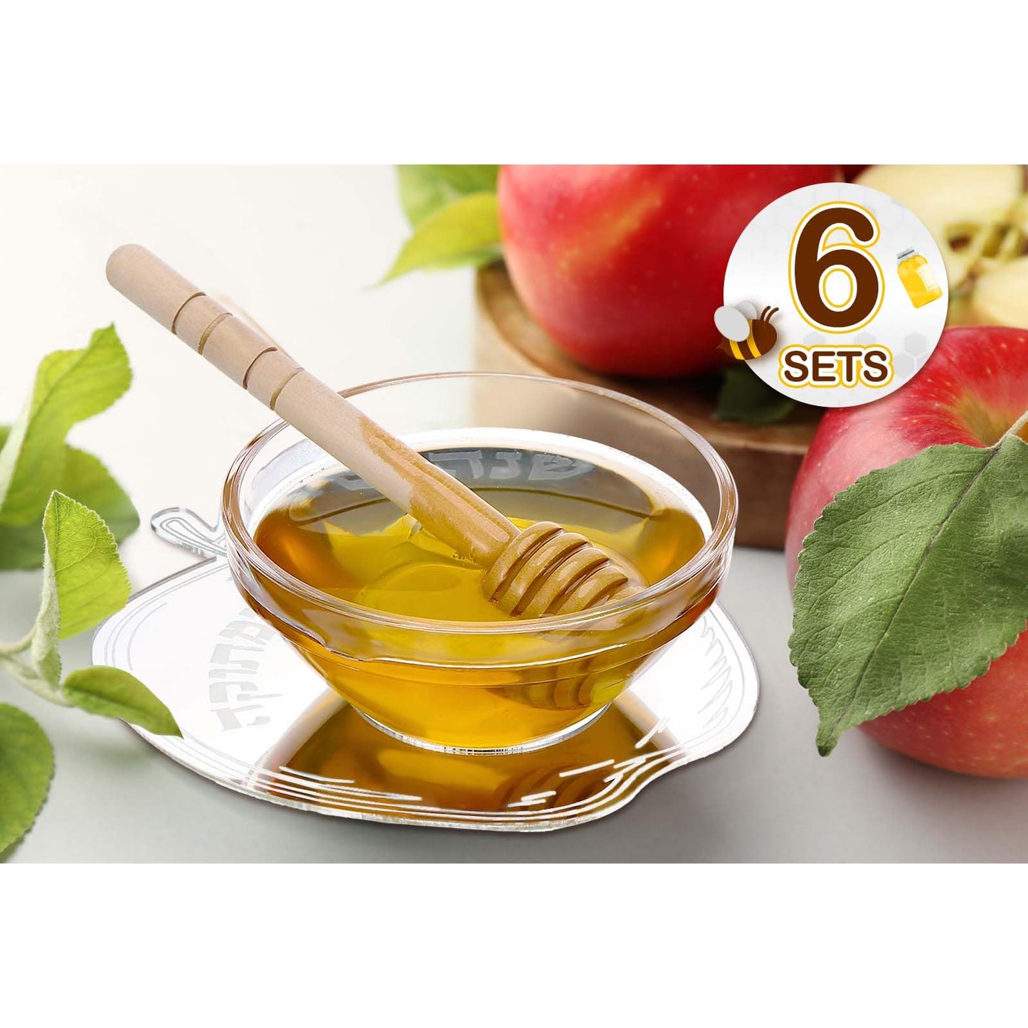 Newtay 6 Sets Rosh Hashanah Apple Shaped Honey Dish with Dipping Spoon Jewish New Year Decoration Honey Dish with Stick, Acrylic Apple Honey Dish for Jewish New Year Holiday Gift Party Favor(Silver)