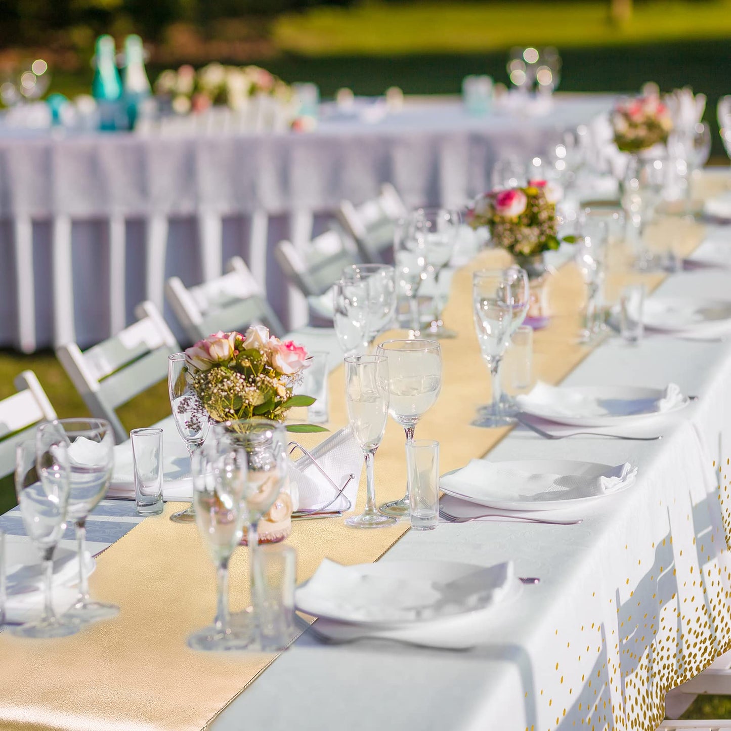 Breling 8 Pack White and Gold Disposable Plastic Tablecloths and Satin Table Runner Set, 54 x 108 Inch Tablecloth, 12 x 108 Inch Table Runners for Wedding First Communion Baby Shower Graduation