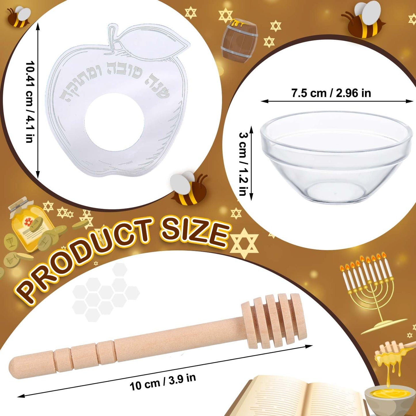 Newtay 6 Sets Rosh Hashanah Apple Shaped Honey Dish with Dipping Spoon Jewish New Year Decoration Honey Dish with Stick, Acrylic Apple Honey Dish for Jewish New Year Holiday Gift Party Favor(Silver)