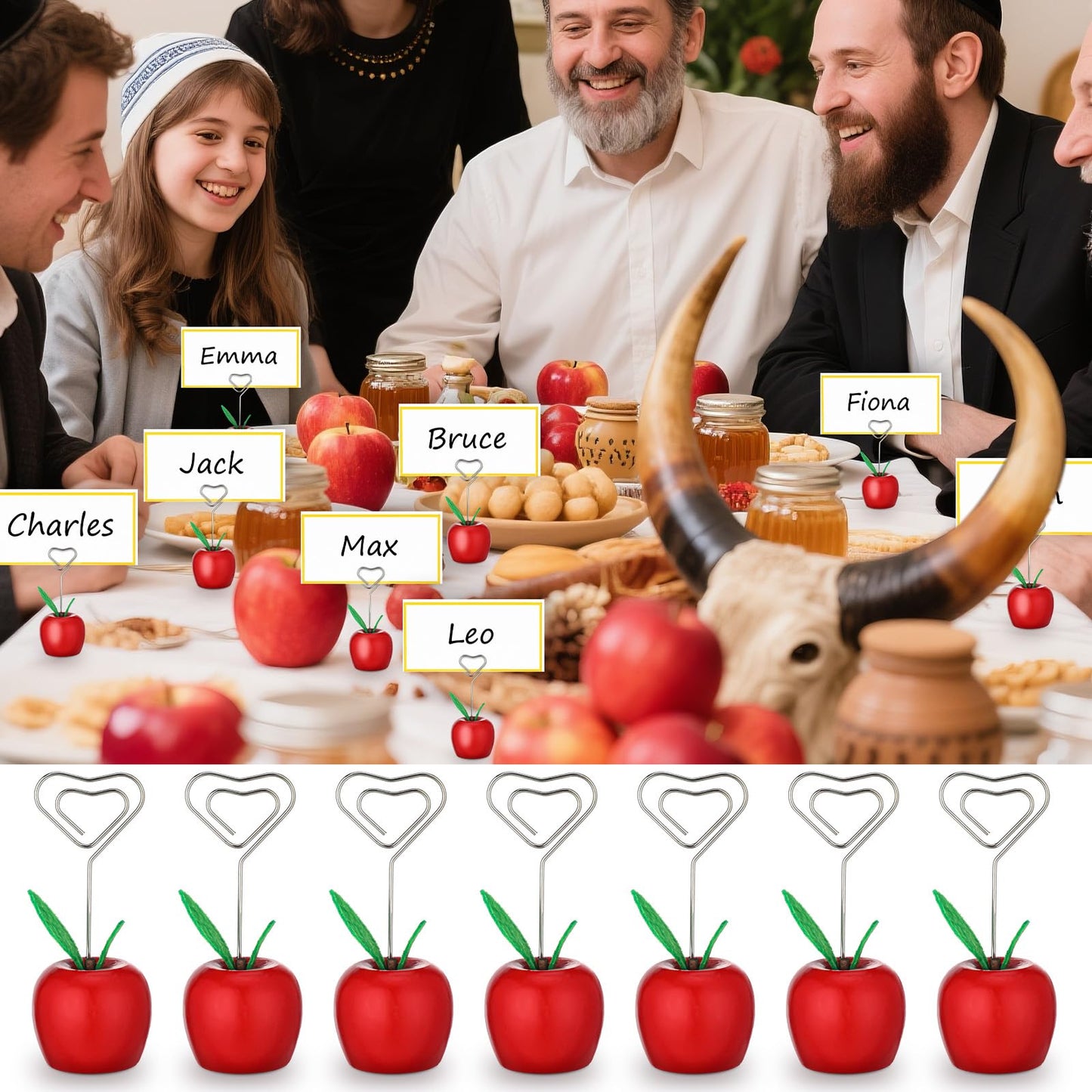 Beeveer 20 Set Rosh Hashanah Place Card Holder with 25 Pcs Name Cards Mini Red Apple Table Number Stand with Heart Shape Holder Clip for Rosh Hashanah Party Decorations Back to School Table Decor