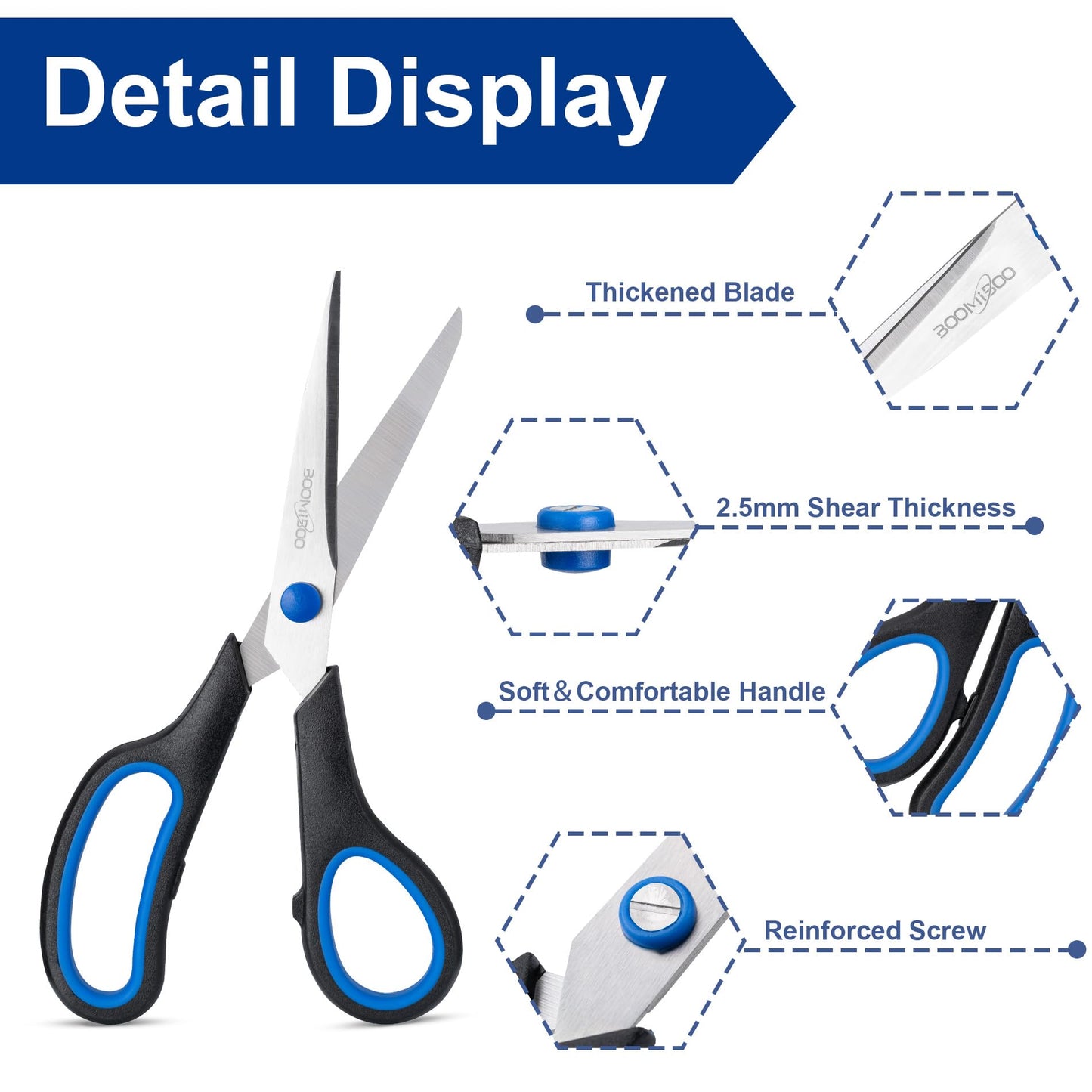Scissors, BOOMIBOO 8" All Purpose 6 Pack - Comfort-Grip Scissors for Office Desk Accessories Sewing Fabric Home Craft School Supplies, Teacher/Class Supplies, Right/Left Handles