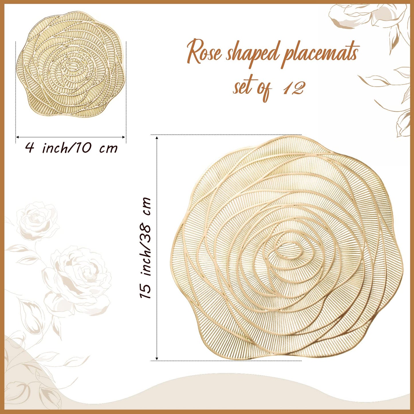 Sieral 12 Set 15 Inch Round Pressed Vinyl Placemats Hollow Out Rose Placemat Set Metallic Slip Resistant Place Mat Coaster Including Place Mats and Coasters for Wedding Dining Kitchen (Gold)