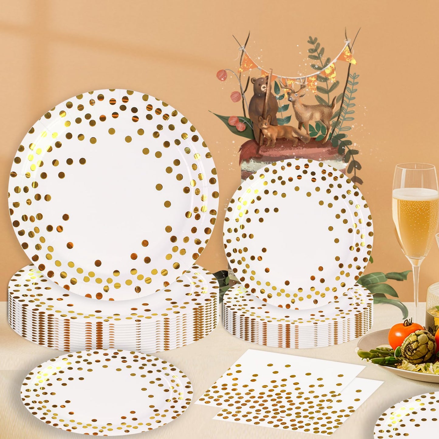 PUEVENYI 150PCS White Plates and Napkins Party Supplies, Paper Plates Disposable Serve 50 Guests, White and Gold Party Decorations for Graduation Baby Showers Bridal Showers Birthday Wedding