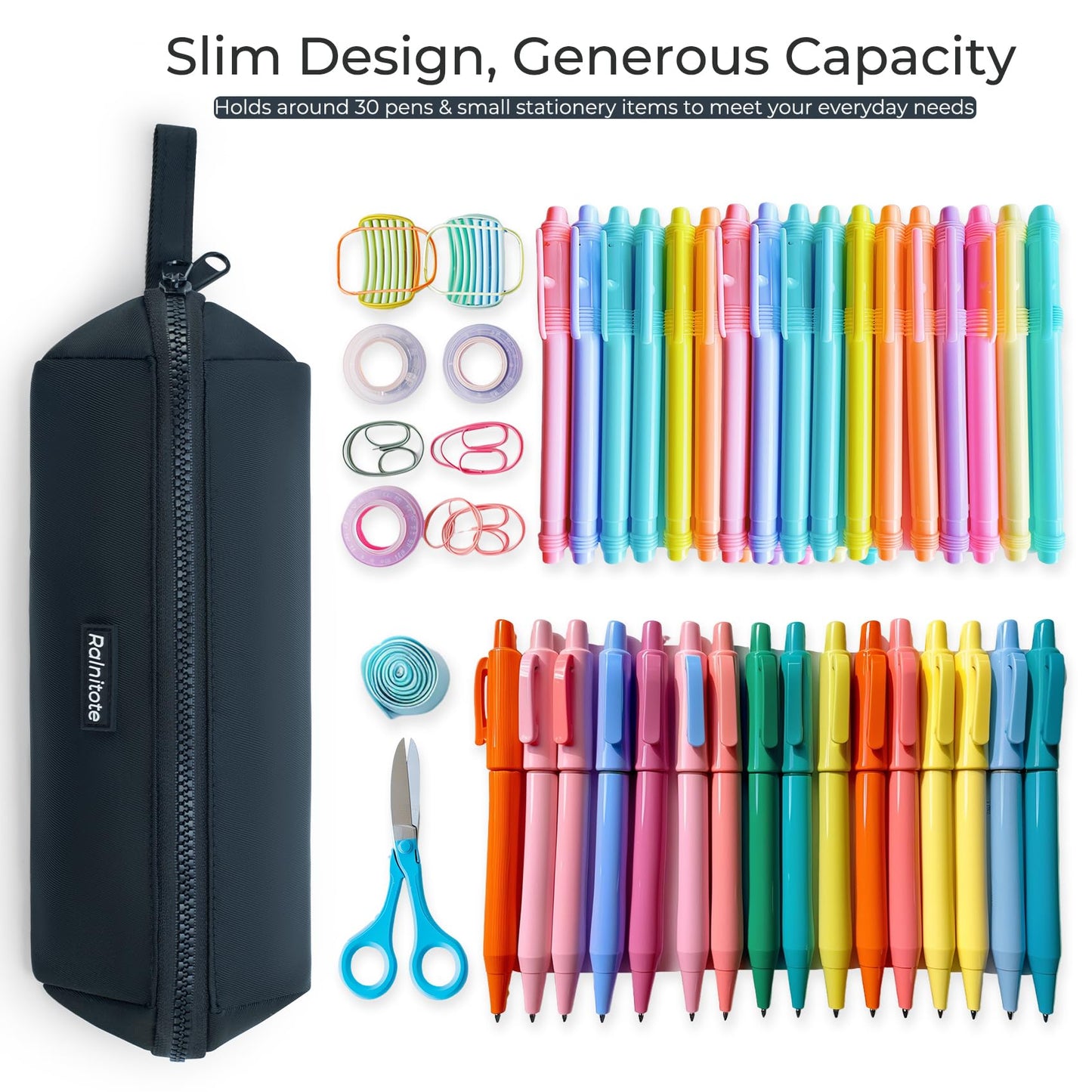 Ralnitote Small Pencil Pouch with 180° Open Design, Slim Pencil Case for Girls and Boys, Aesthetic & Cute Pen Bag for School, Office, Makeup or Tech Accessories-Black