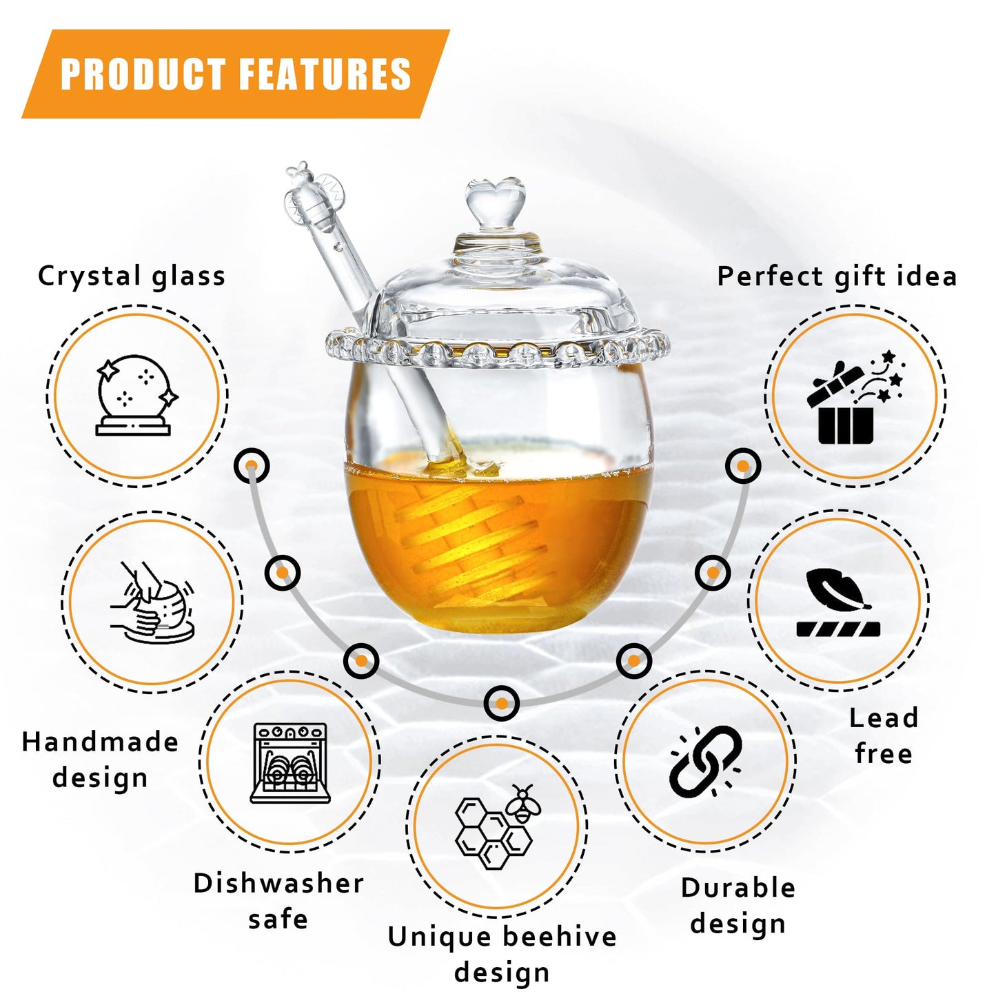Kanpura Glass Honey Jar with Dipper and Lid, 6oz Crystal Honey Dispenser, Containers for Home Kitchen
