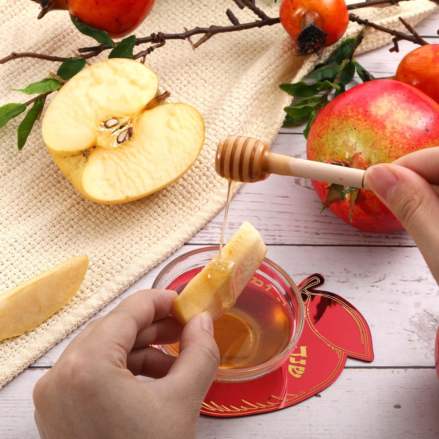 Newtay 6 Sets Rosh Hashanah Apple Shaped Honey Dish with Dipping Spoon Jewish New Year Decoration Honey Dish with Stick, Acrylic Apple Honey Dish for Jewish New Year Holiday Gift Party Favor(Red)