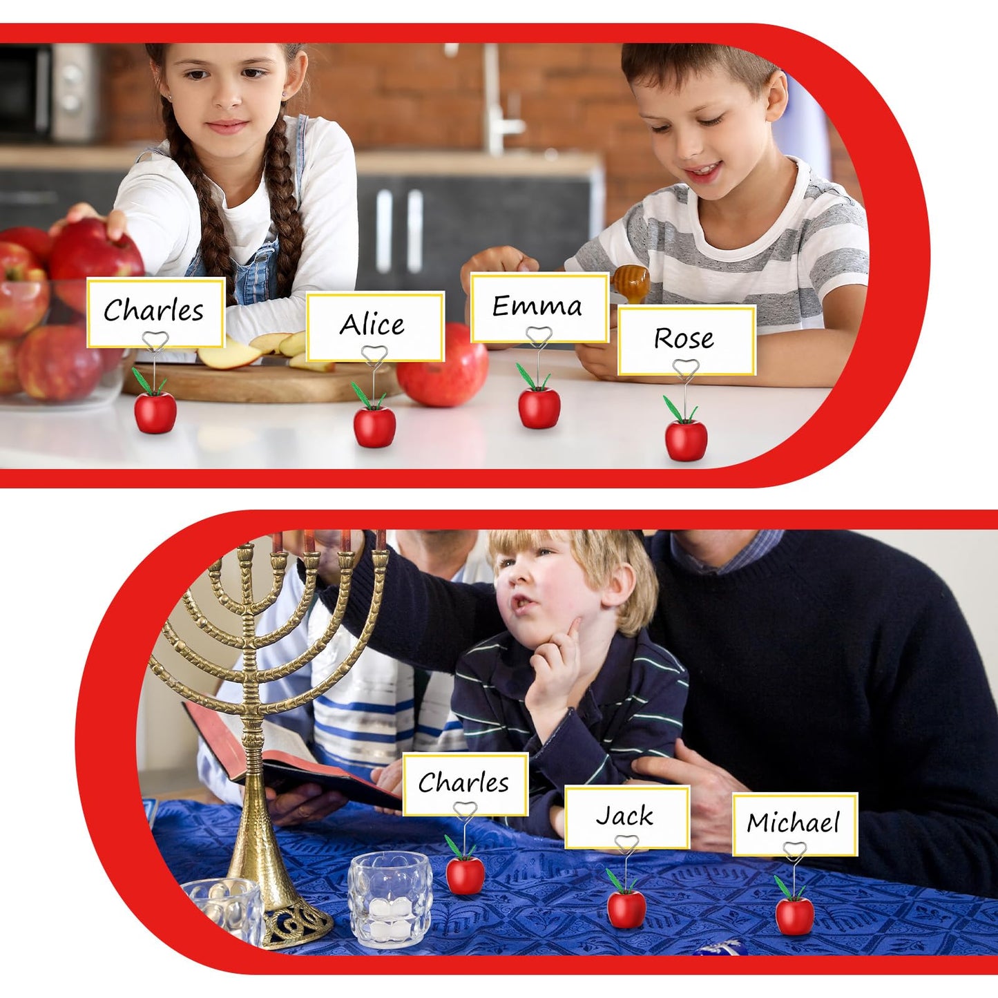 Beeveer 20 Set Rosh Hashanah Place Card Holder with 25 Pcs Name Cards Mini Red Apple Table Number Stand with Heart Shape Holder Clip for Rosh Hashanah Party Decorations Back to School Table Decor