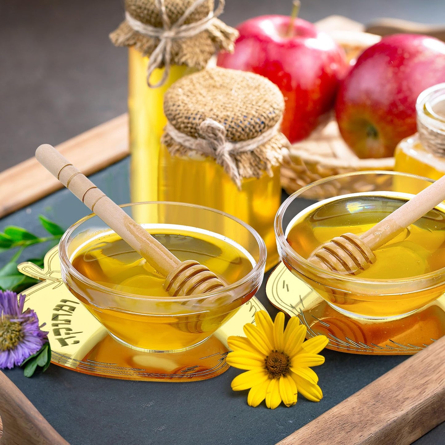 Newtay 6 Sets Rosh Hashanah Apple Shaped Honey Dish with Dipping Spoon Jewish New Year Decoration Honey Dish with Stick, Acrylic Apple Honey Dish for Jewish New Year Holiday Gift Party Favor(Gold)