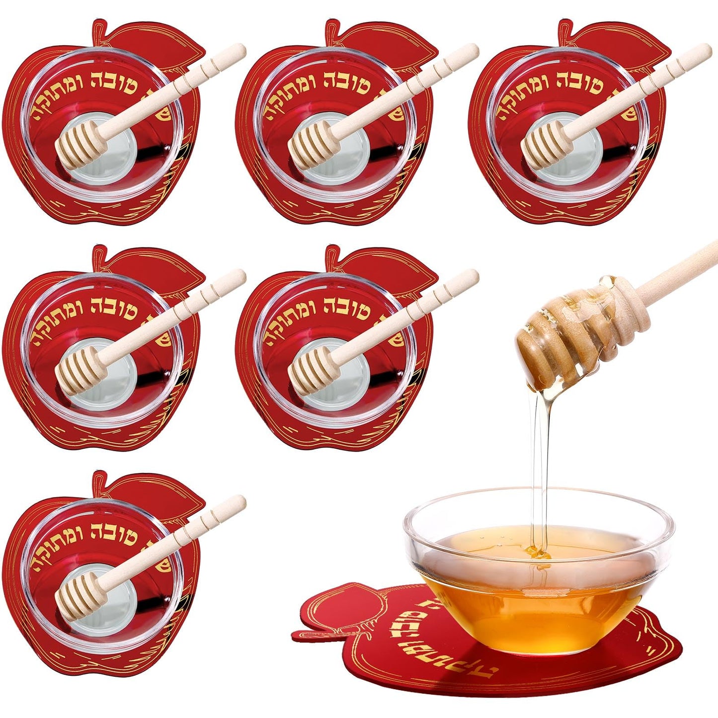 Newtay 6 Sets Rosh Hashanah Apple Shaped Honey Dish with Dipping Spoon Jewish New Year Decoration Honey Dish with Stick, Acrylic Apple Honey Dish for Jewish New Year Holiday Gift Party Favor(Red)
