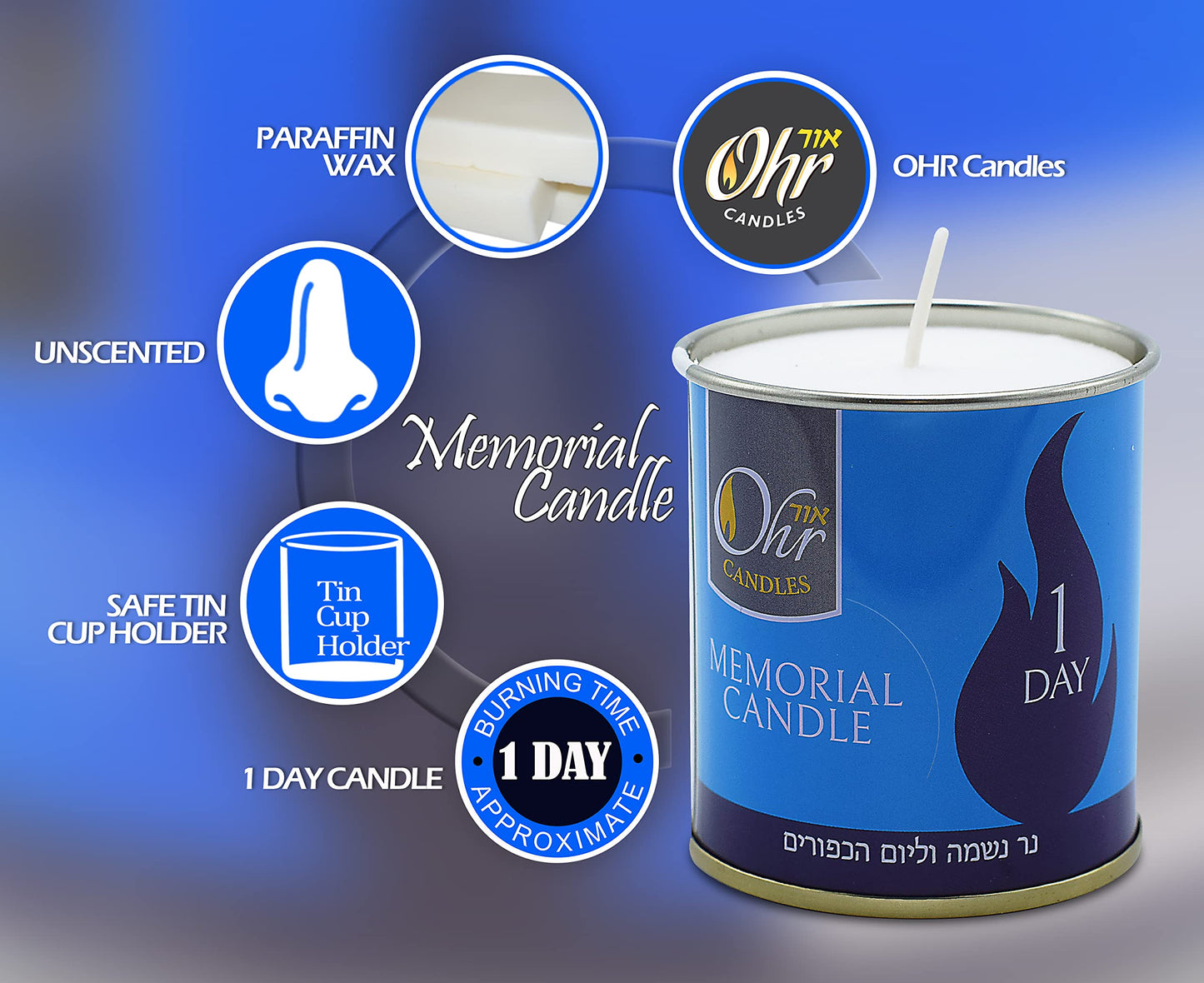 1 Day Yahrzeit Candle - 6 Pack - 24 Hour Kosher Yahrtzeit Memorial and Yom Kippur Candle in Tin Cup Holder
