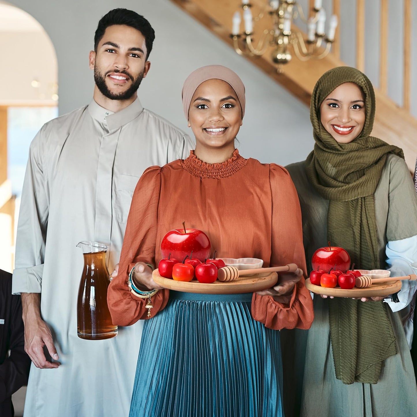 Reallnaive 3pcs Wooden Rosh Hashanah Apple and Honey Plate and Dish Bamboo Plate Server Tray Honey Dish Set for Rosh Hashanah Shana Tova Bowl Dipper Sticks Jewish New Year Judaica Gift for Holidays