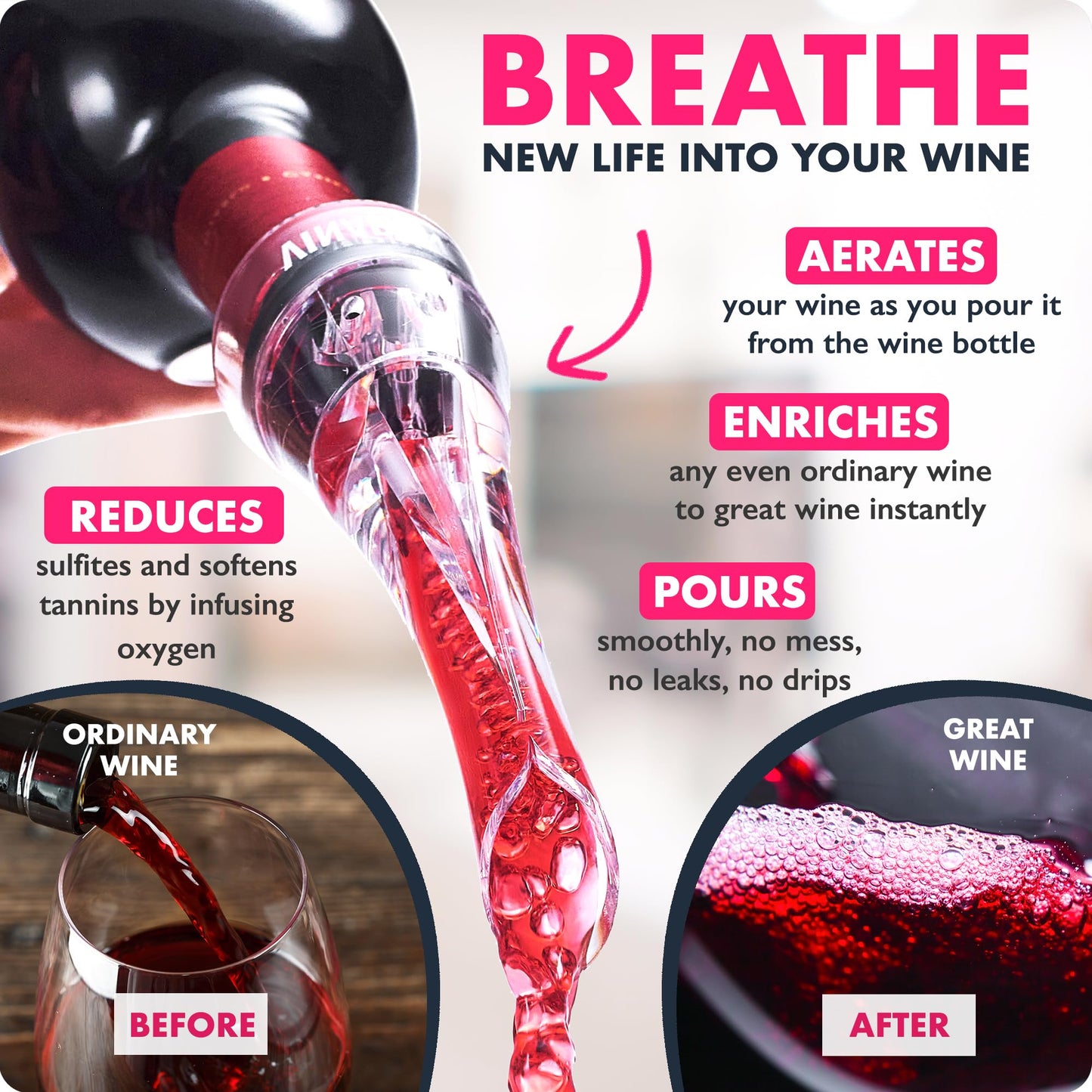 VINABON Wine Aerator Pourer Spout 2025 – Professional Wine Aerator Attaches to Bottle for Improved Flavor, Enhanced Bouquet, and Rich Finish. No-Drip, Spill-Free Design. Includes Wine Guide eBook.