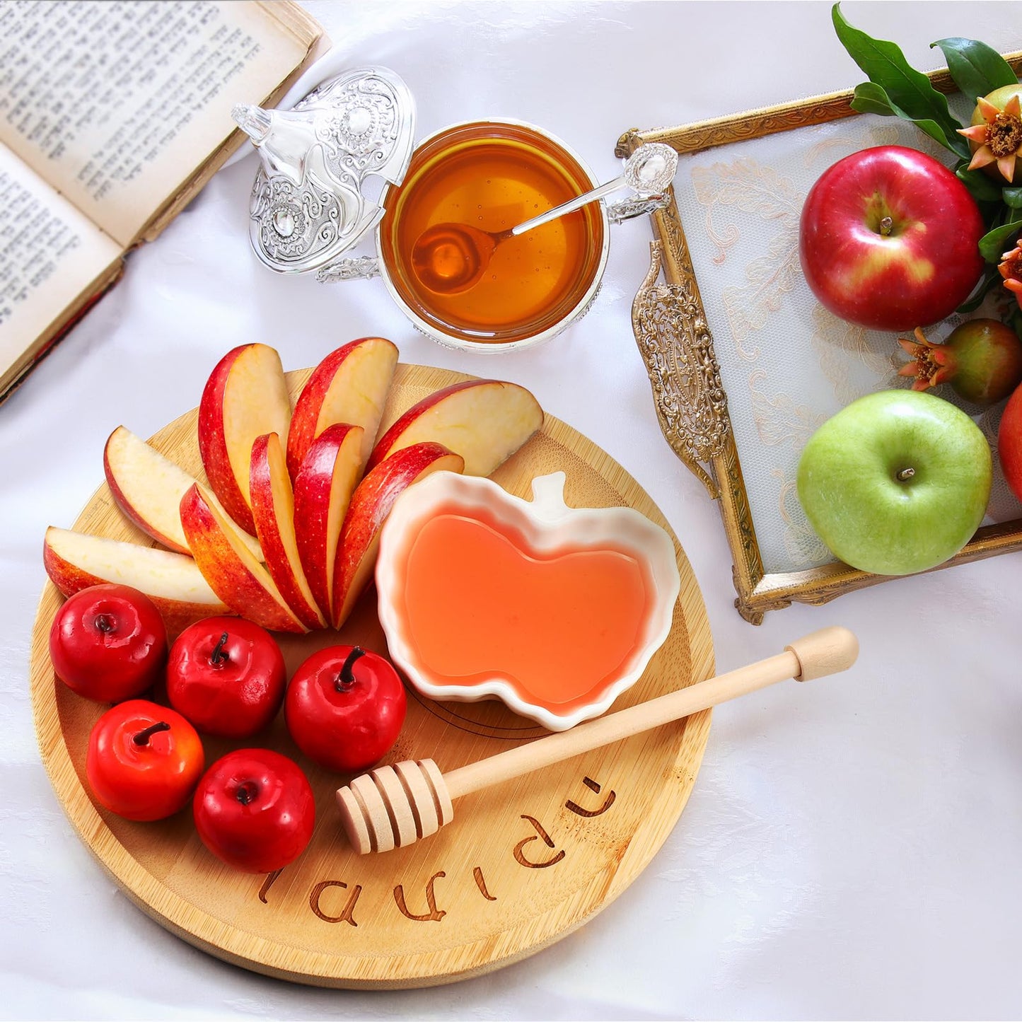 Reallnaive 3pcs Wooden Rosh Hashanah Apple and Honey Plate and Dish Bamboo Plate Server Tray Honey Dish Set for Rosh Hashanah Shana Tova Bowl Dipper Sticks Jewish New Year Judaica Gift for Holidays