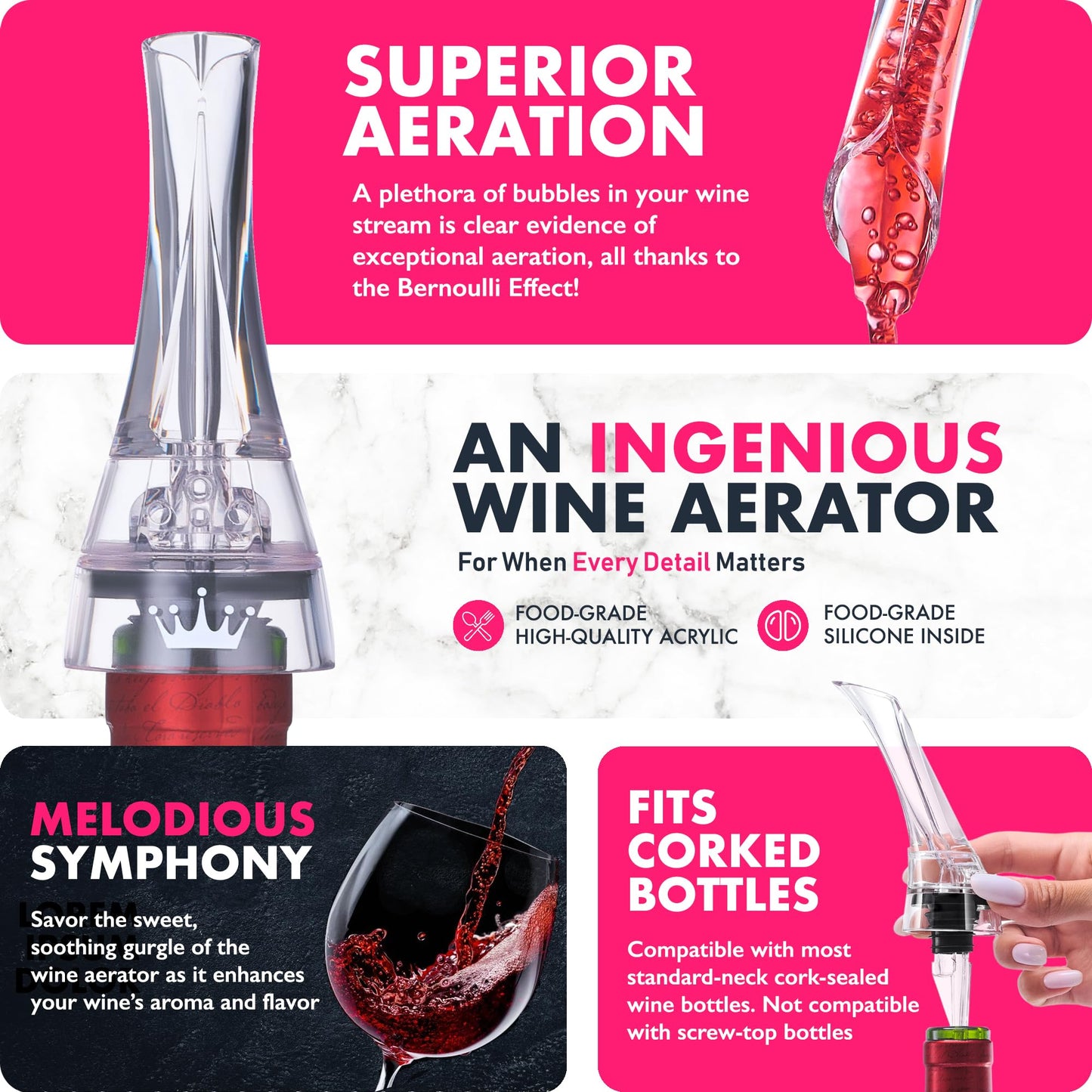 VINABON Wine Aerator Pourer Spout 2025 – Professional Wine Aerator Attaches to Bottle for Improved Flavor, Enhanced Bouquet, and Rich Finish. No-Drip, Spill-Free Design. Includes Wine Guide eBook.