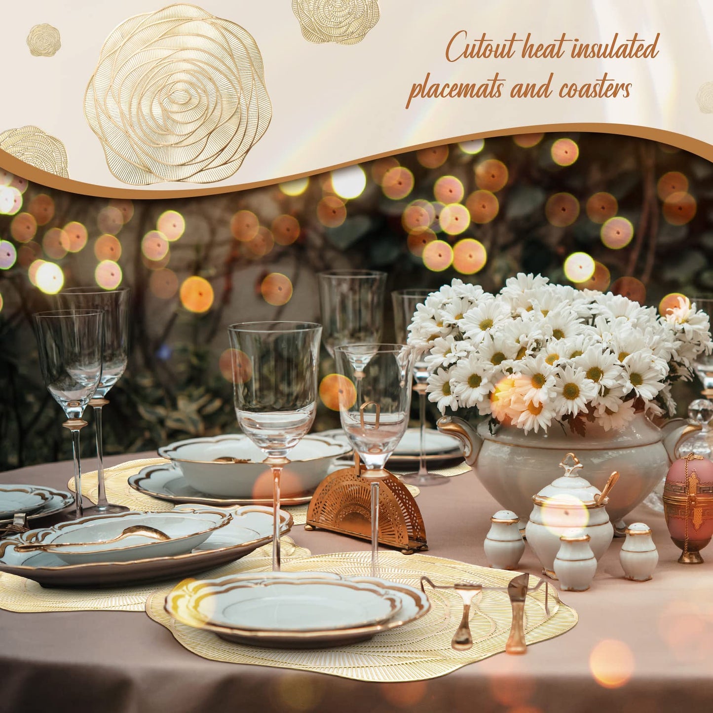 Sieral 12 Set 15 Inch Round Pressed Vinyl Placemats Hollow Out Rose Placemat Set Metallic Slip Resistant Place Mat Coaster Including Place Mats and Coasters for Wedding Dining Kitchen (Gold)